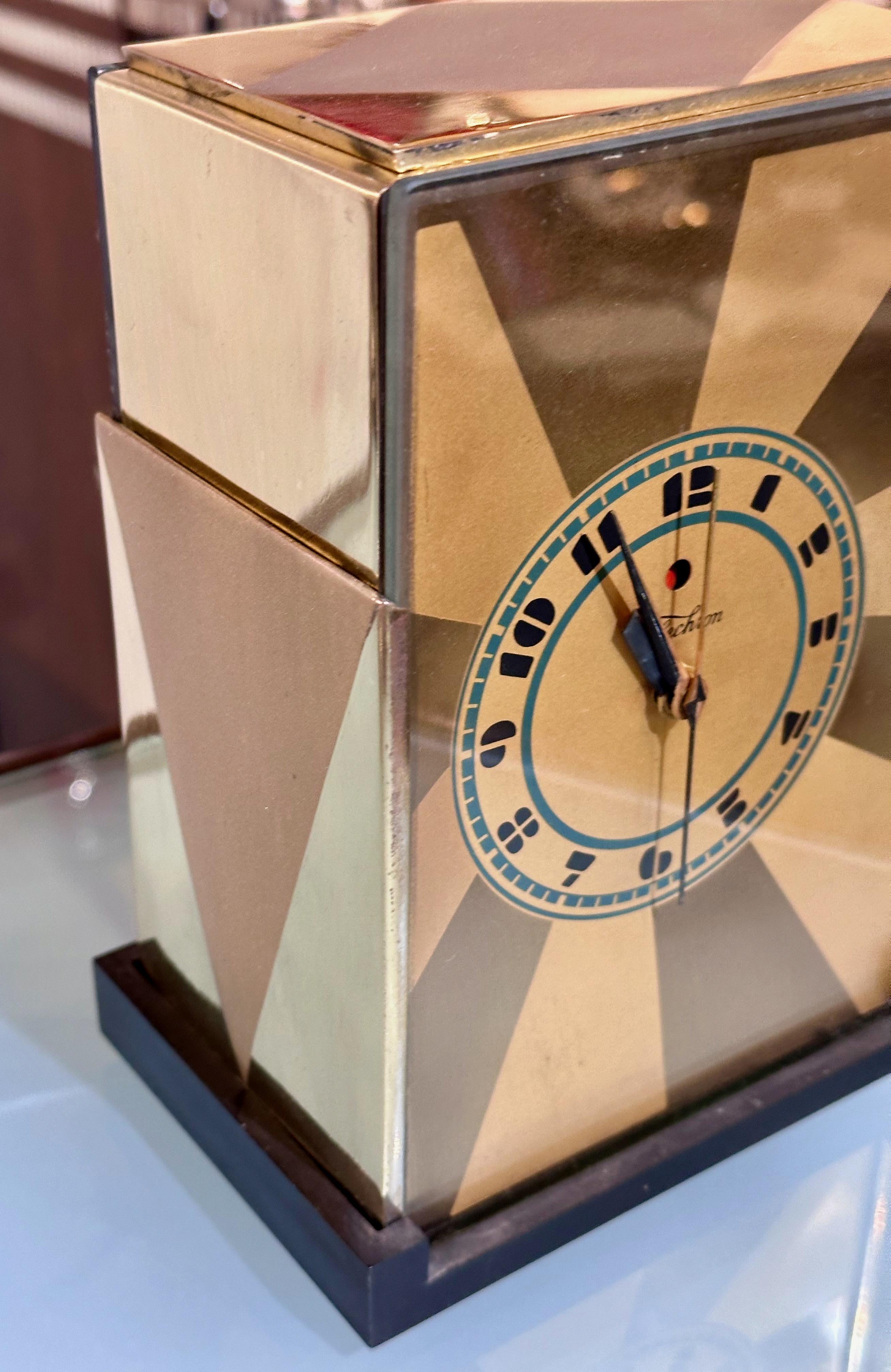 Metal Modernique Clock by Paul Frankl Art Deco Skyscraper Telechron Clock 1928 Gold For Sale