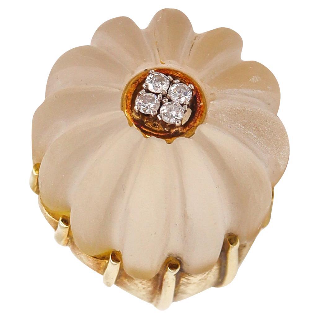 Bague cocktail moderniste de 1970 en or jaune 18 carats avec quartz de roche et diamants VS