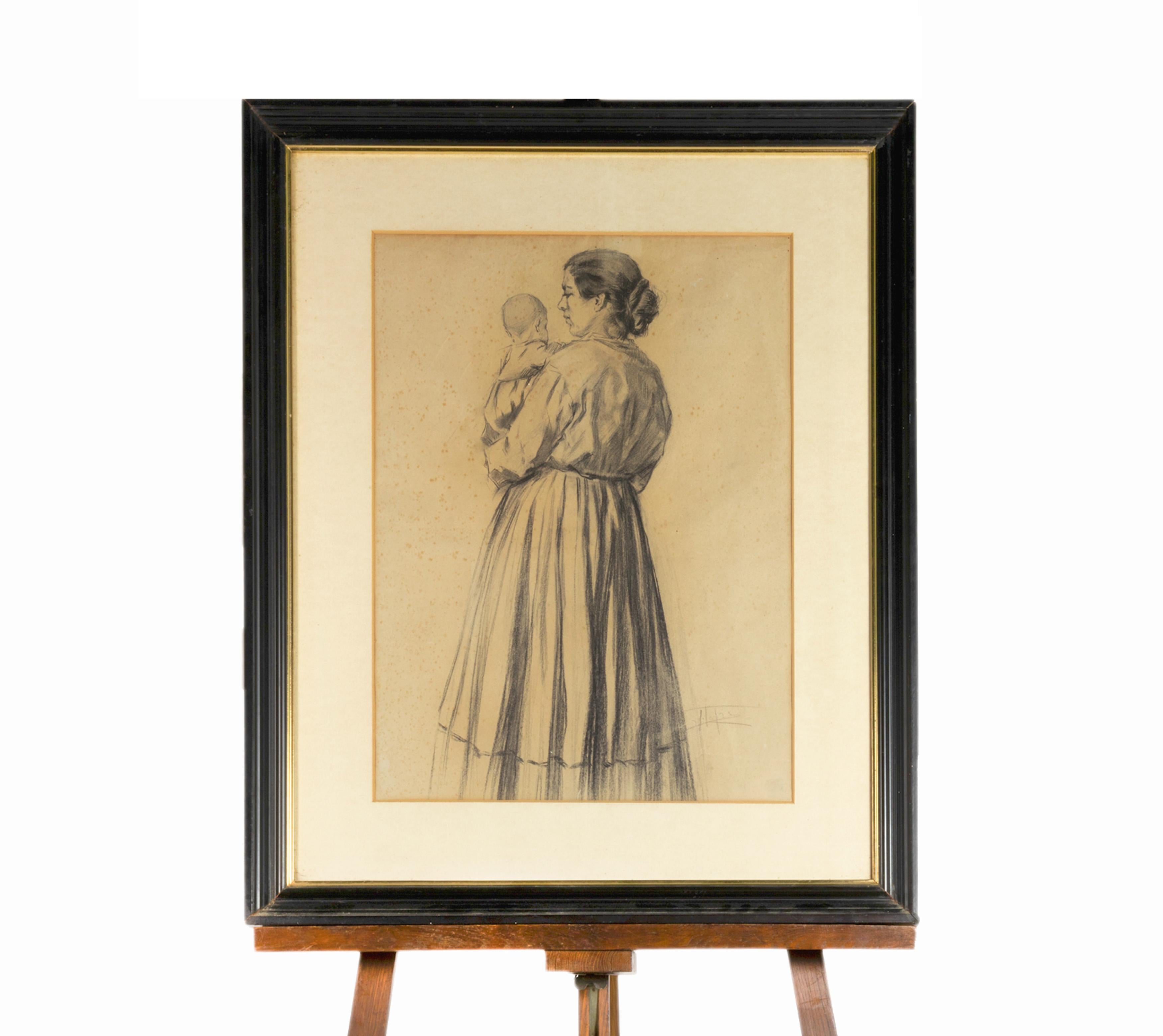 A charcoal drawing of a Mother with a boy on her lap, created and signed by Joaquim Francisco Lopes artist that exemplifies the essence of the primitive Modernism movement in Portugal.

Joaquim Francisco Lopes, painter of the first generation of