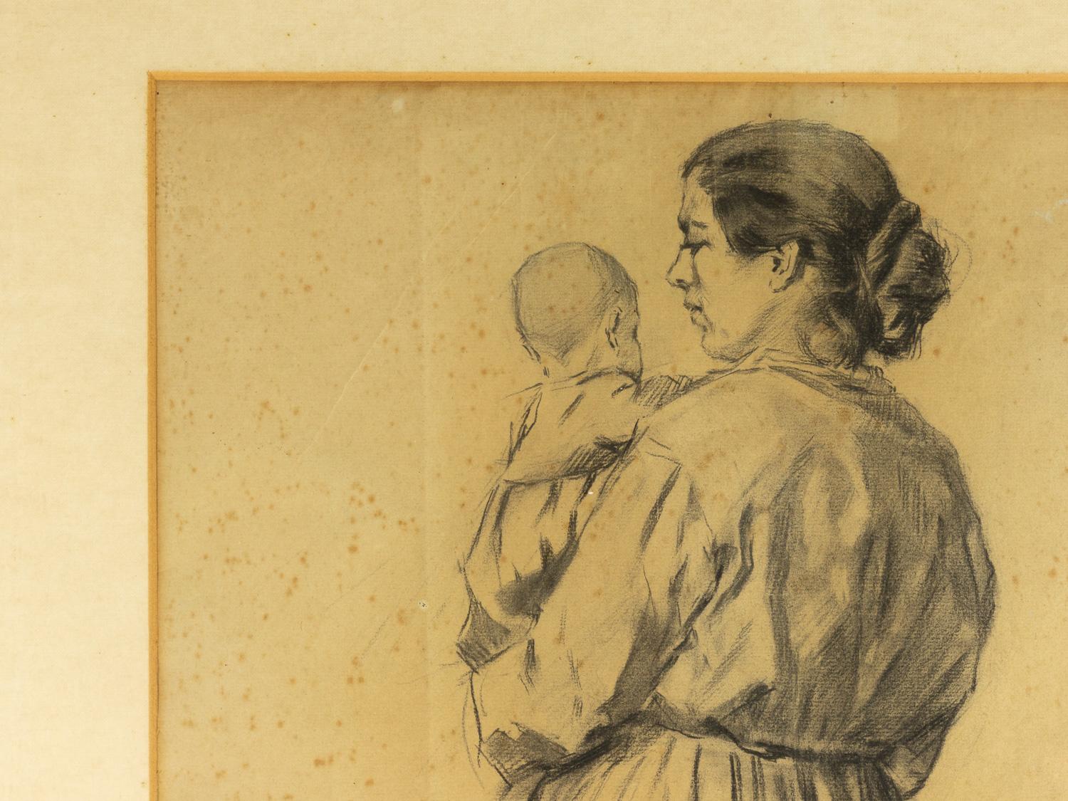 Holzkohle-Zeichnung der Moderne, Mutter und Sohn, von Joaquim Lopes, 1930er Jahre im Zustand „Gut“ im Angebot in Lisbon, PT