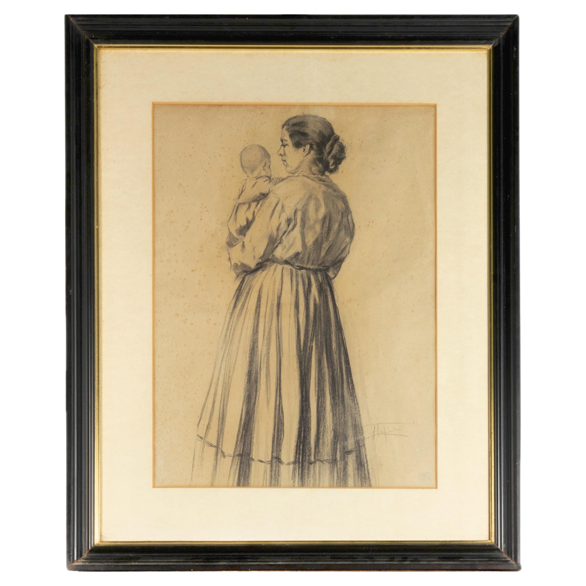 Modernism Charcoal Drawing, Mother And Son, By Joaquim Lopes, 1930s For Sale