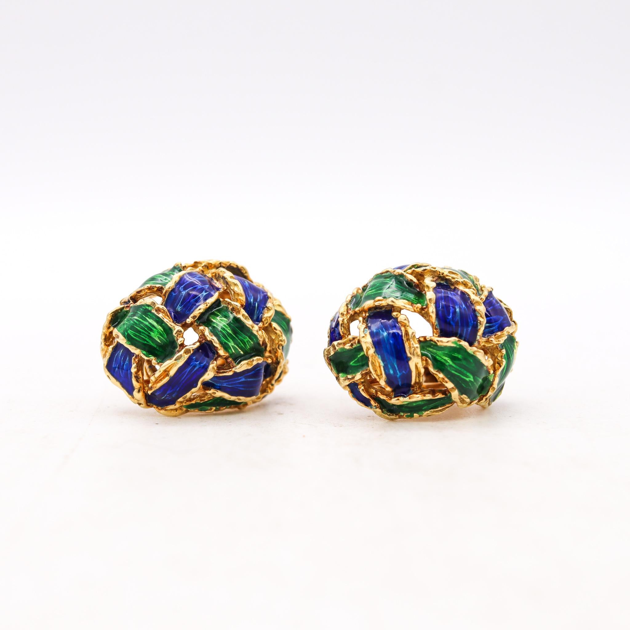 Women's Modernism Italian 1970 Clips Earrings in Textured 18Kt Gold Blue Green Enamel