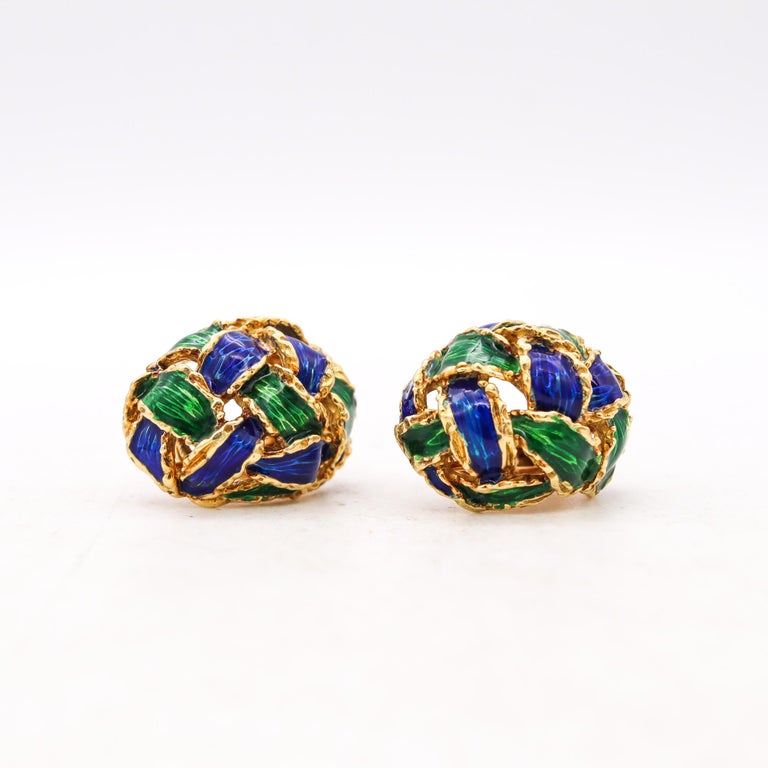 Modernism Italian 1970 Clips Earrings in Textured 18Kt Gold Blue Green