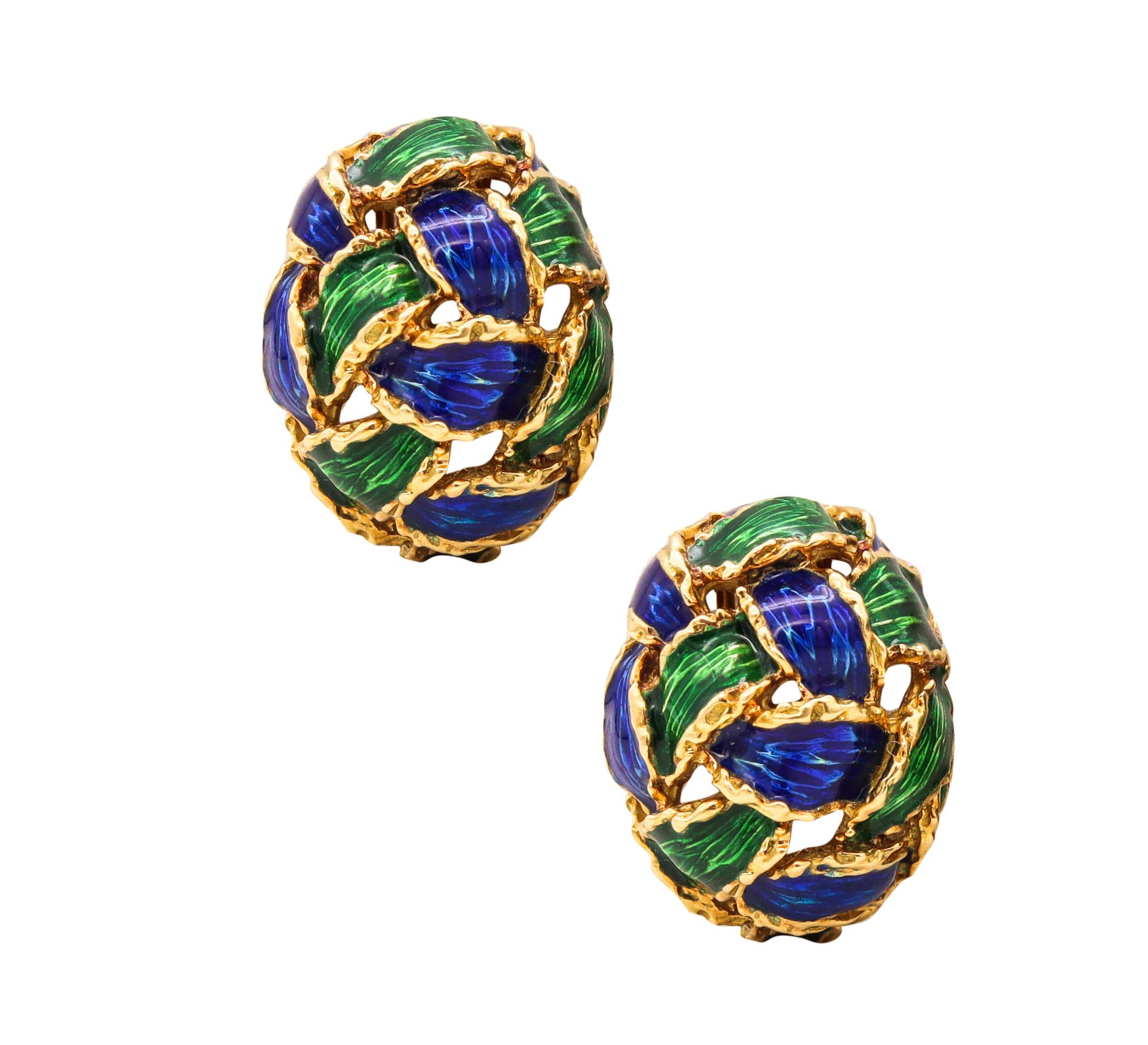 Modernism Italian 1970 Clips Earrings in Textured 18Kt Gold Blue Green Enamel 1