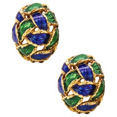 Modernism Italian 1970 Clips Earrings in Textured 18Kt Gold Blue Green Enamel