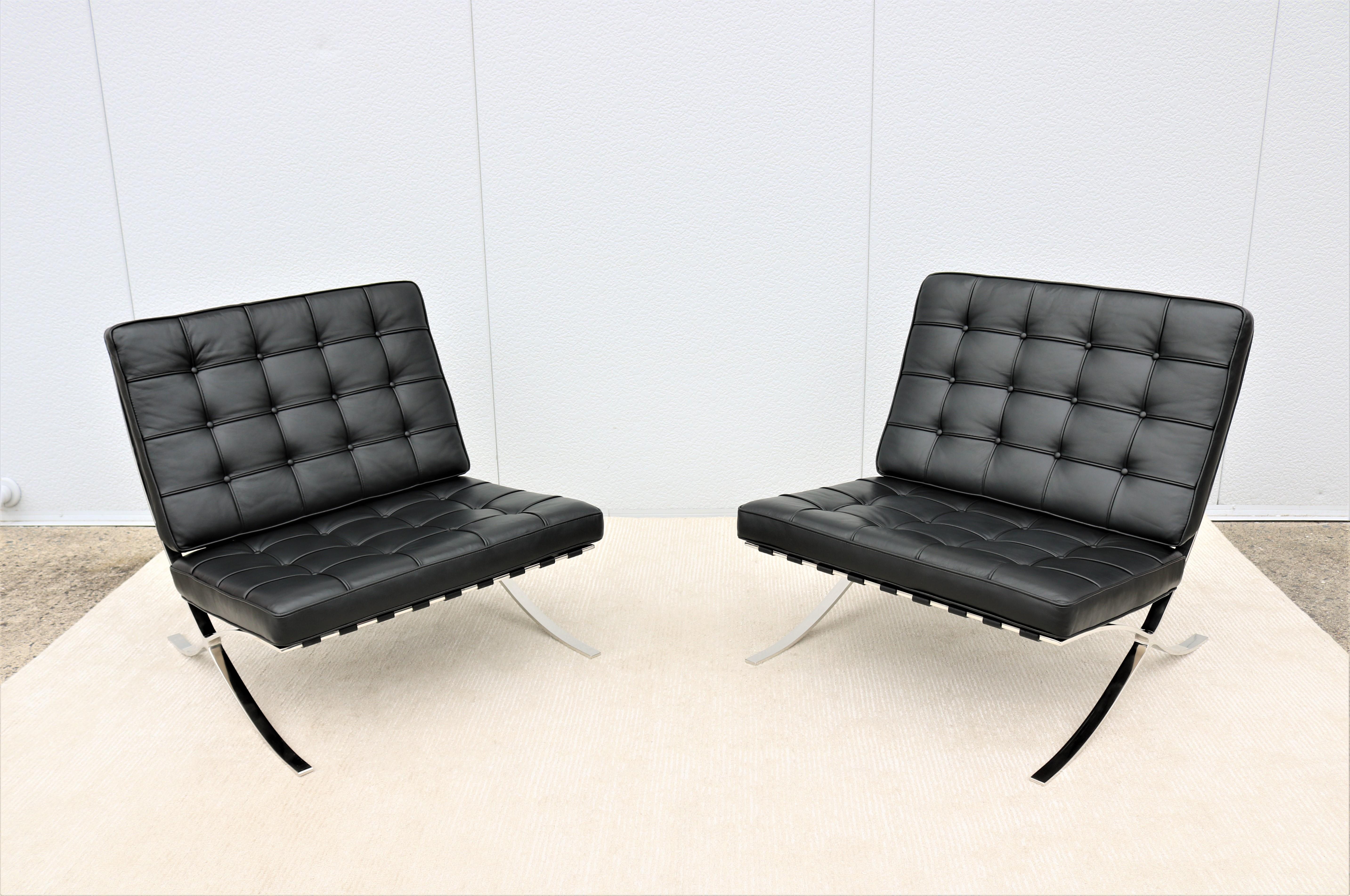 Unknown Modernism Ludwig Mies van der Rohe Black Leather Barcelona Lounge Chairs, a Pair