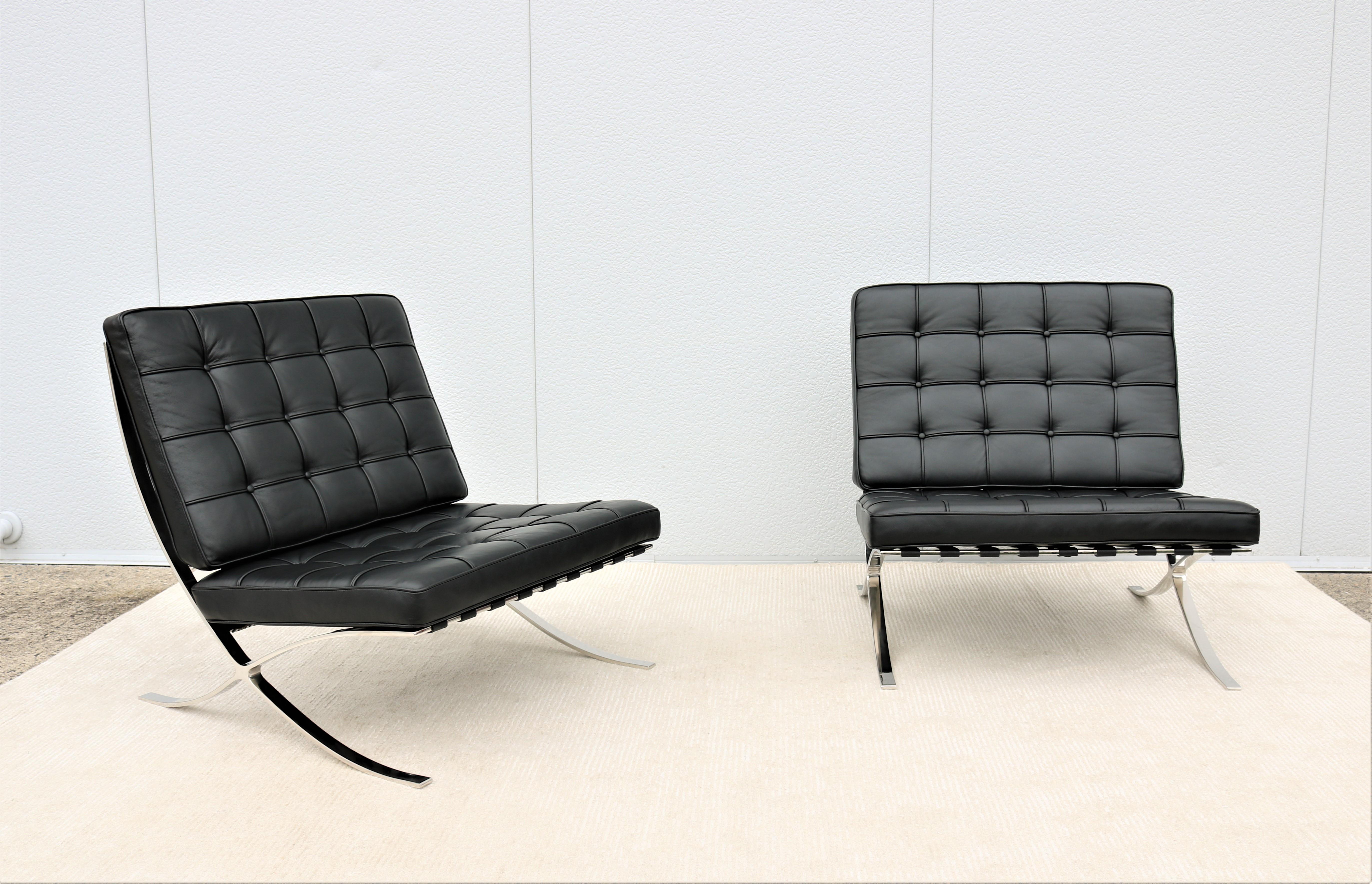 Polished Modernism Ludwig Mies van der Rohe Black Leather Barcelona Lounge Chairs, a Pair