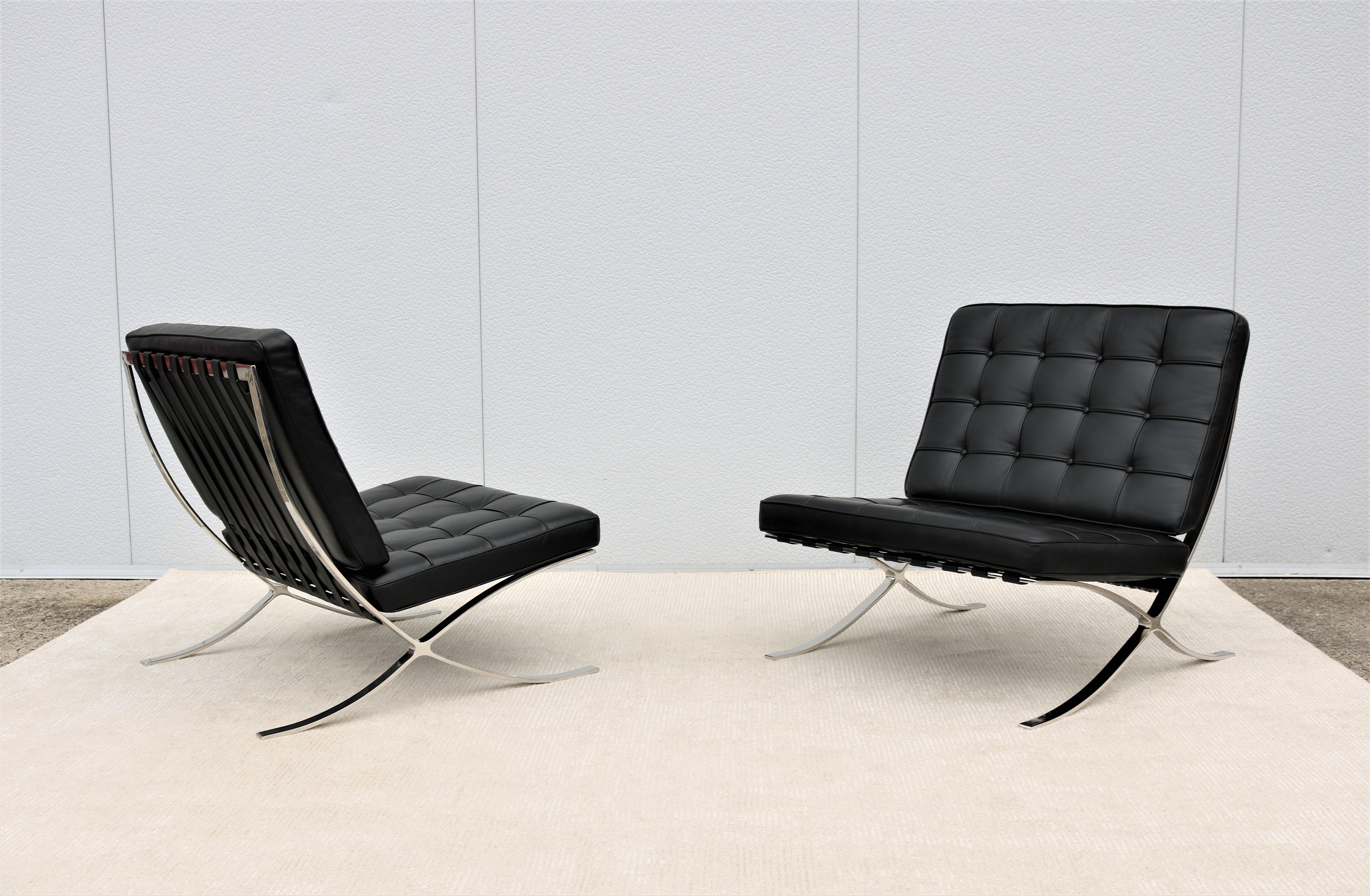Stainless Steel Modernism Ludwig Mies van der Rohe Black Leather Barcelona Lounge Chairs, a Pair
