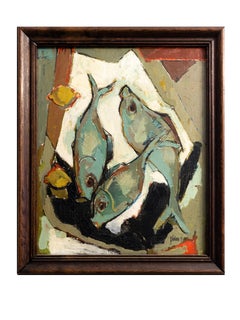 Modernist Still Life Oil on Canvas of Teal-Green Fish, Signed 1955