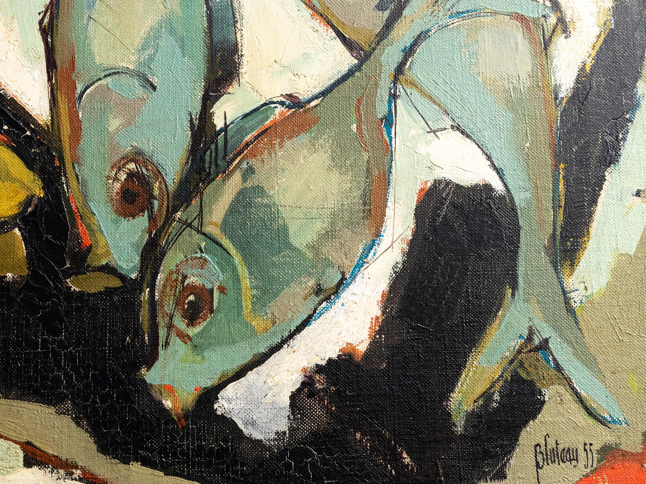 Stillleben der Moderne des Modernismus, Gemälde von Robert Bluteau, 1955 (Geölt) im Angebot