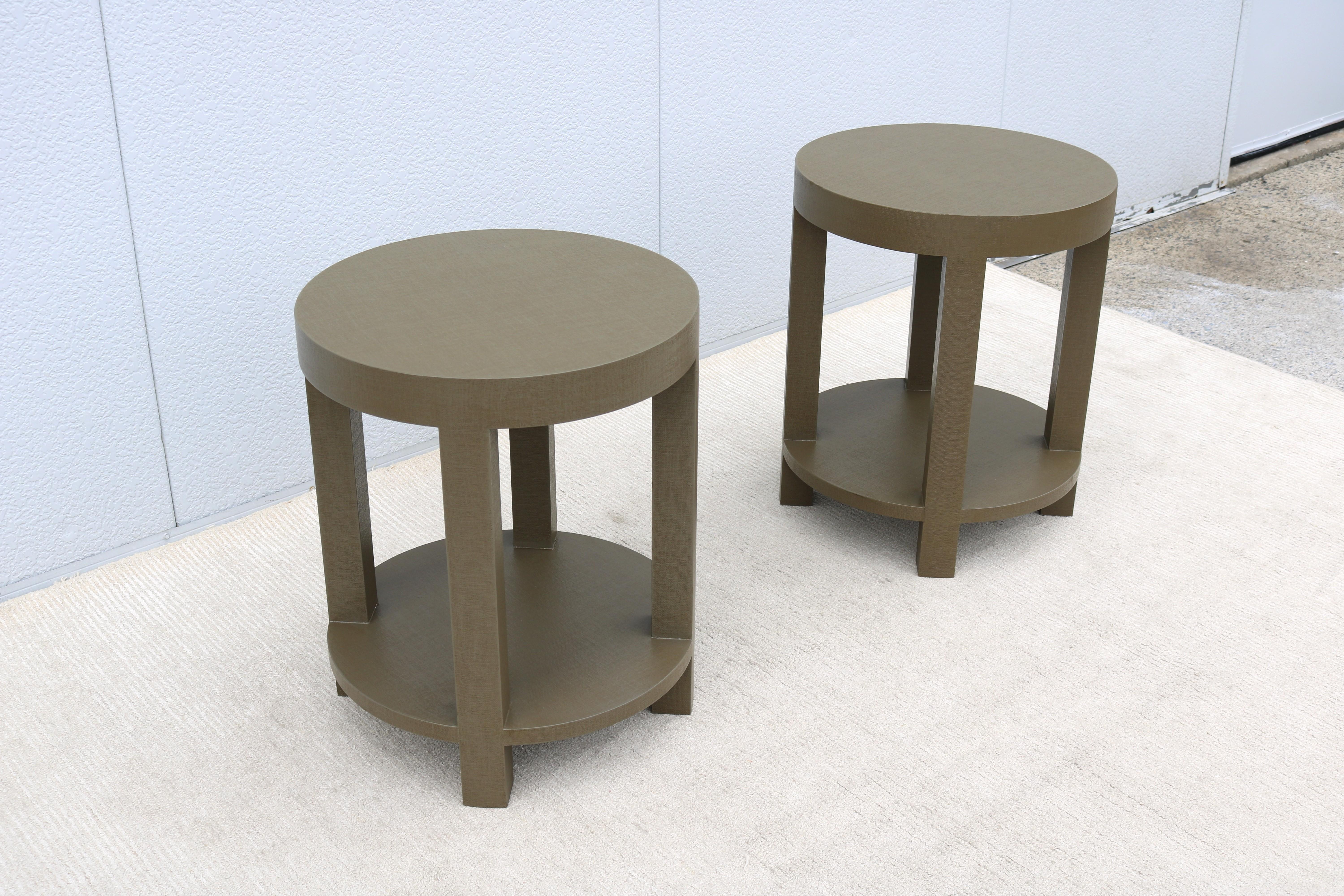 Modernism Style Green Linen Dakota Round Side Tables by Villa & House - a Pair 4