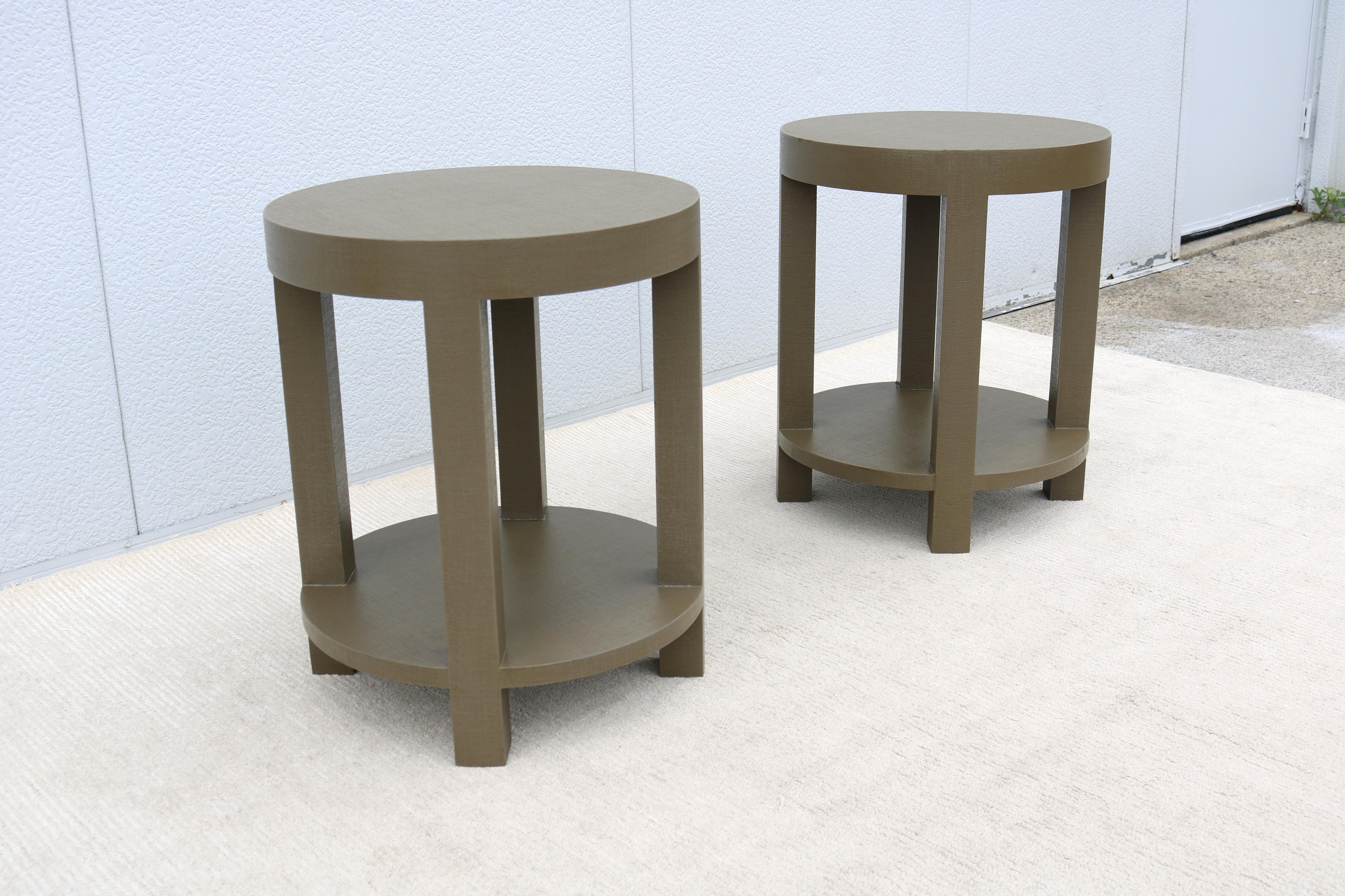 Modernism Style Green Linen Dakota Round Side Tables by Villa & House - a Pair 5