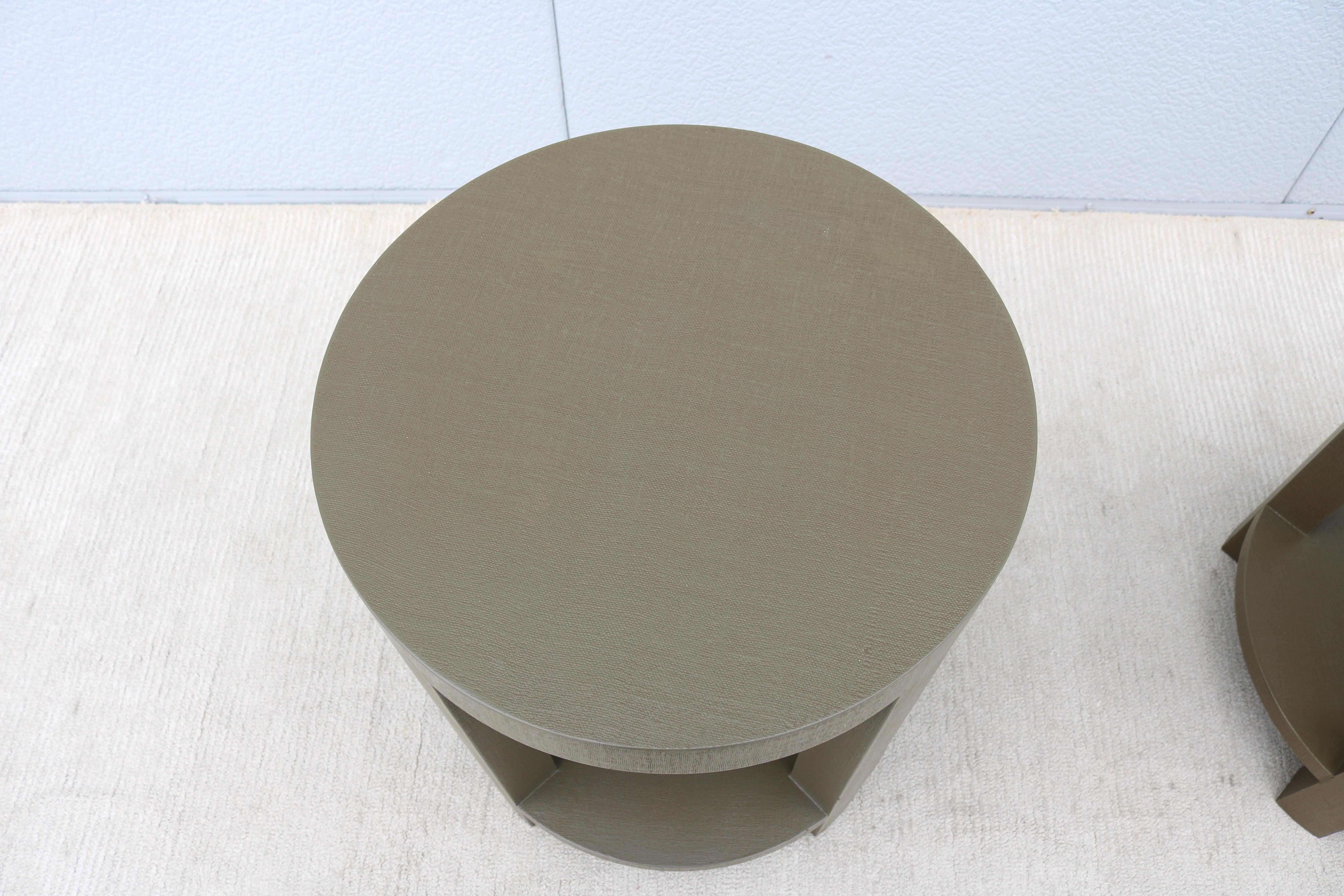 Modernism Style Green Linen Dakota Round Side Tables by Villa & House - a Pair 8