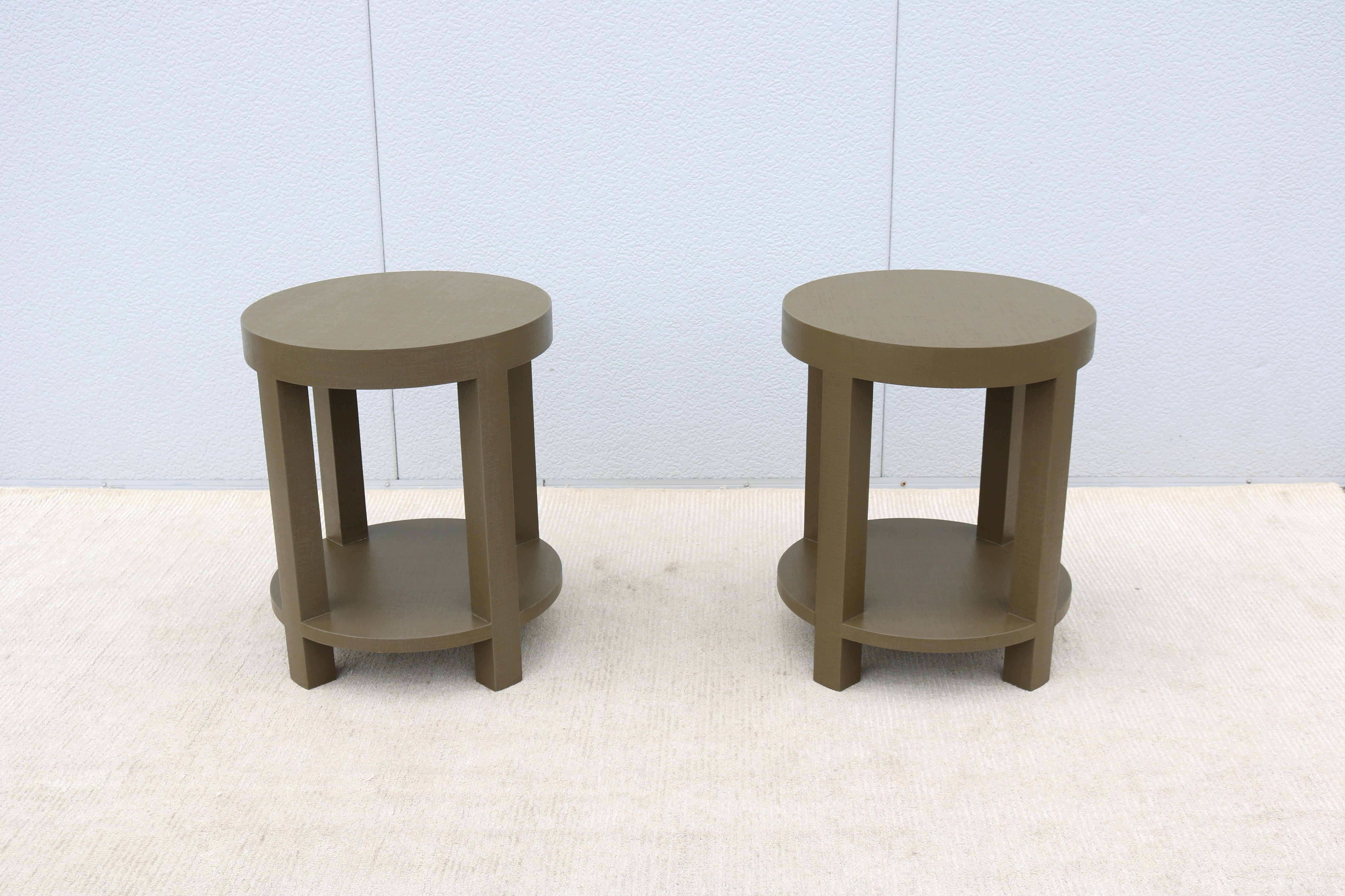 Lacquered Modernism Style Green Linen Dakota Round Side Tables by Villa & House - a Pair