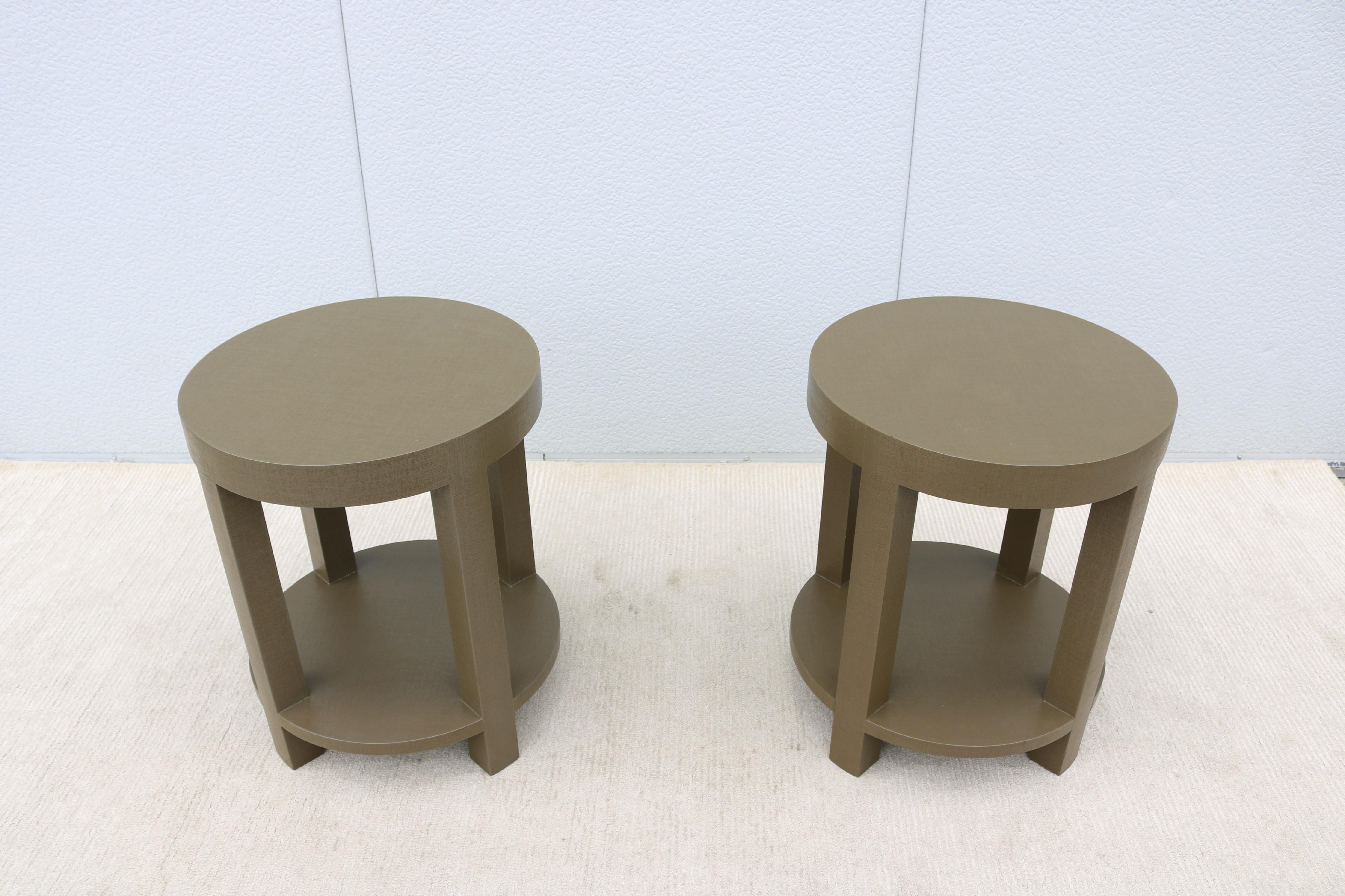 Modernism Style Green Linen Dakota Round Side Tables by Villa & House - a Pair In Excellent Condition In Secaucus, NJ