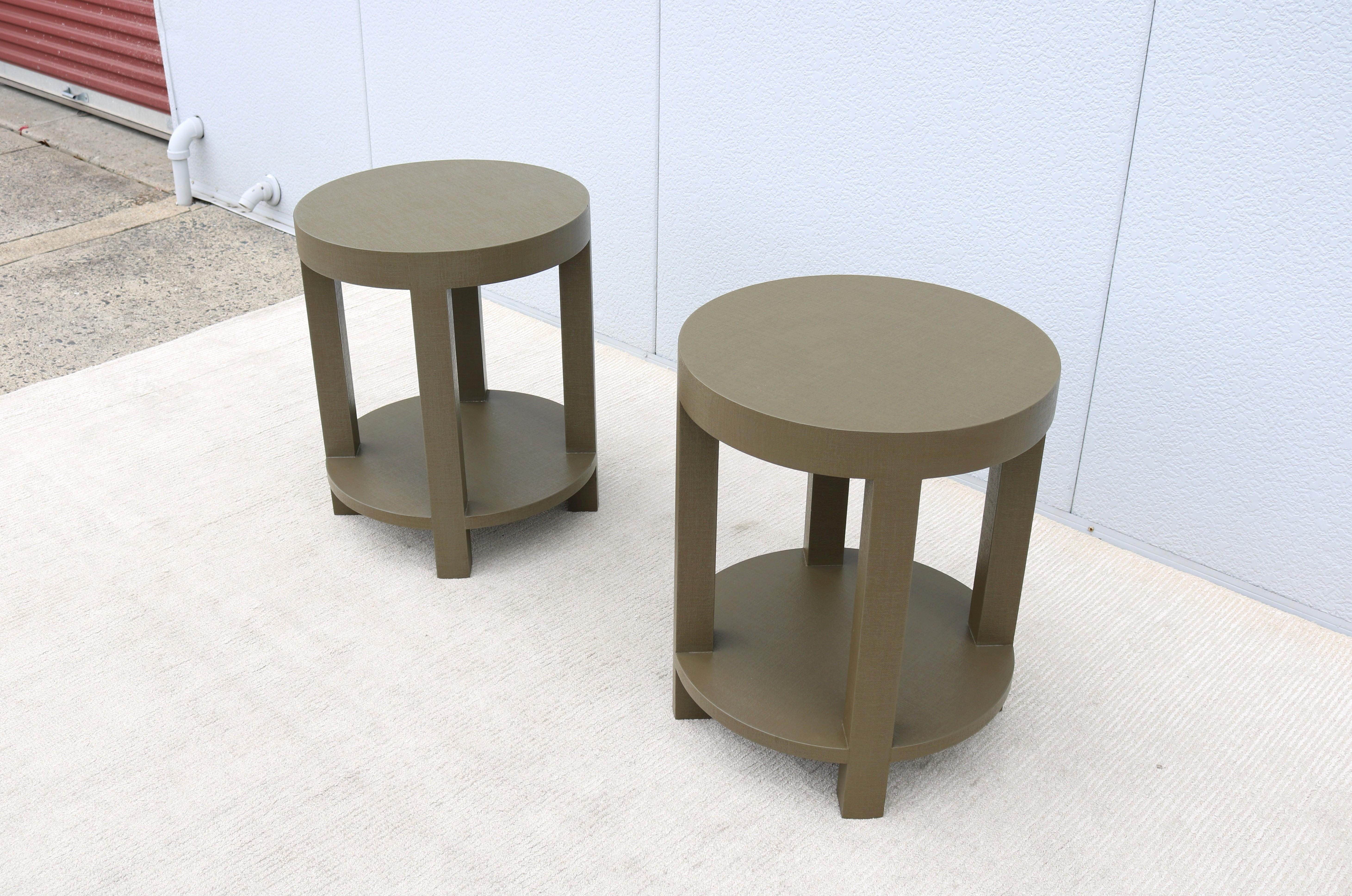 Contemporary Modernism Style Green Linen Dakota Round Side Tables by Villa & House - a Pair