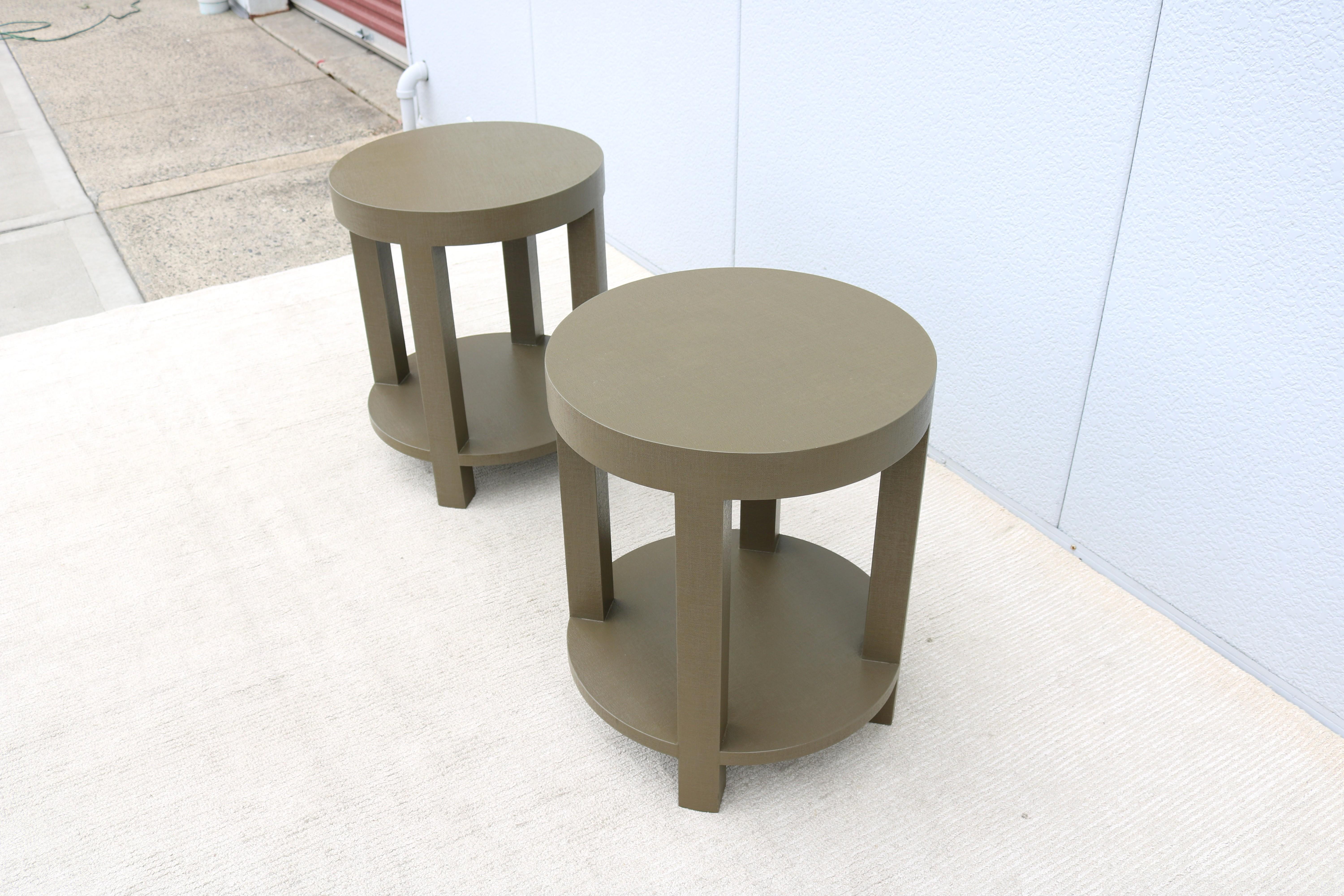 Modernism Style Green Linen Dakota Round Side Tables by Villa & House - a Pair 2
