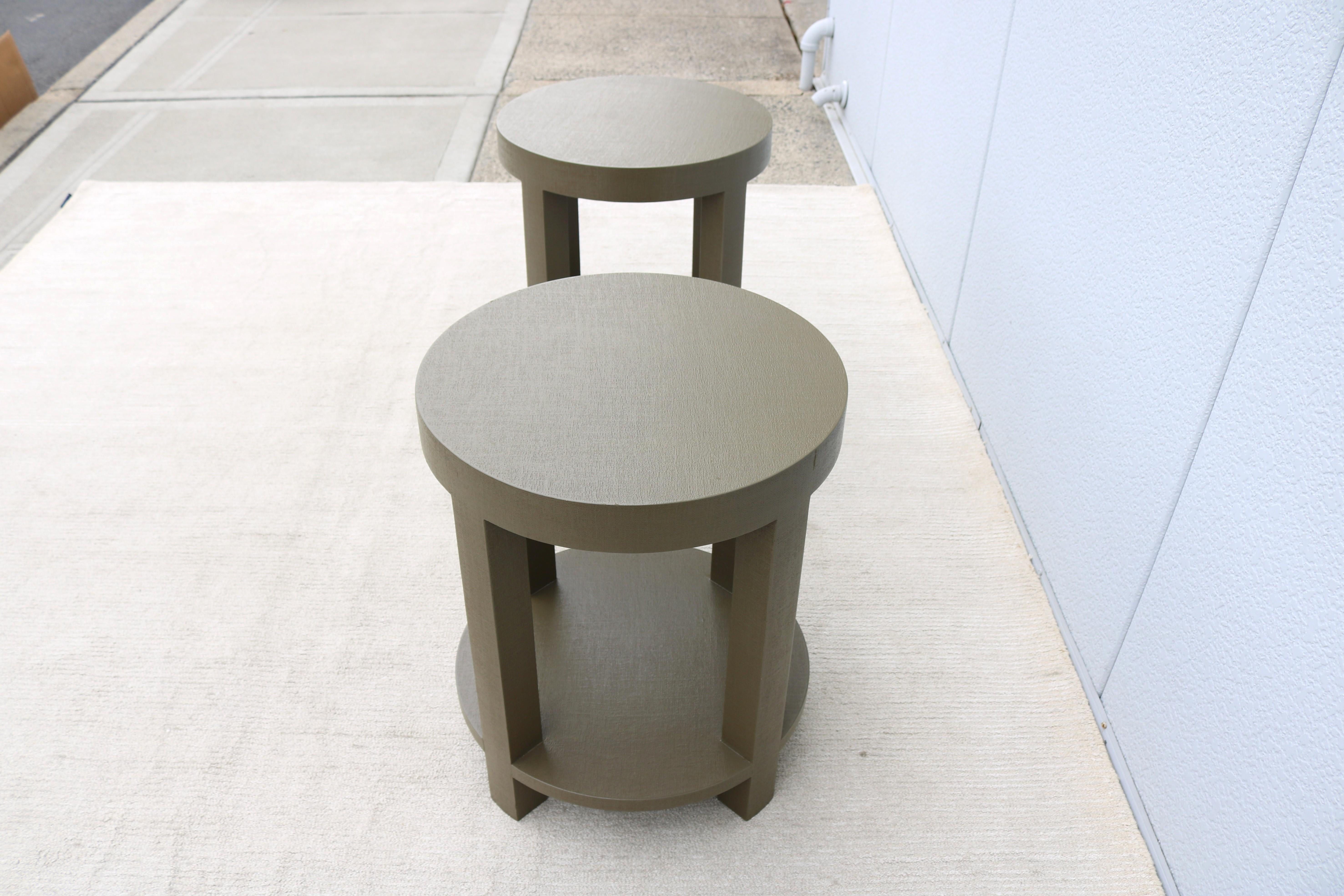 Modernism Style Green Linen Dakota Round Side Tables by Villa & House - a Pair 3