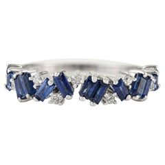 Modernist 1 Ct Baguette Blue Sapphire 
Diamond Half Band Ring in 14K White Gold