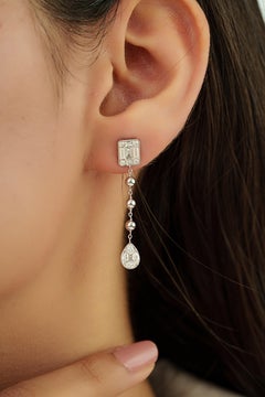 Modernist 1.08ct Mixed Cut Diamond Teardrop Chain Earrings in 14K White Gold