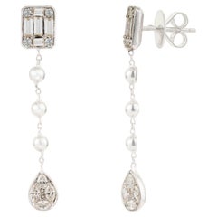 Modernist 1.08ct Mixed Cut Diamond Teardrop Chain Earrings in 14K White Gold