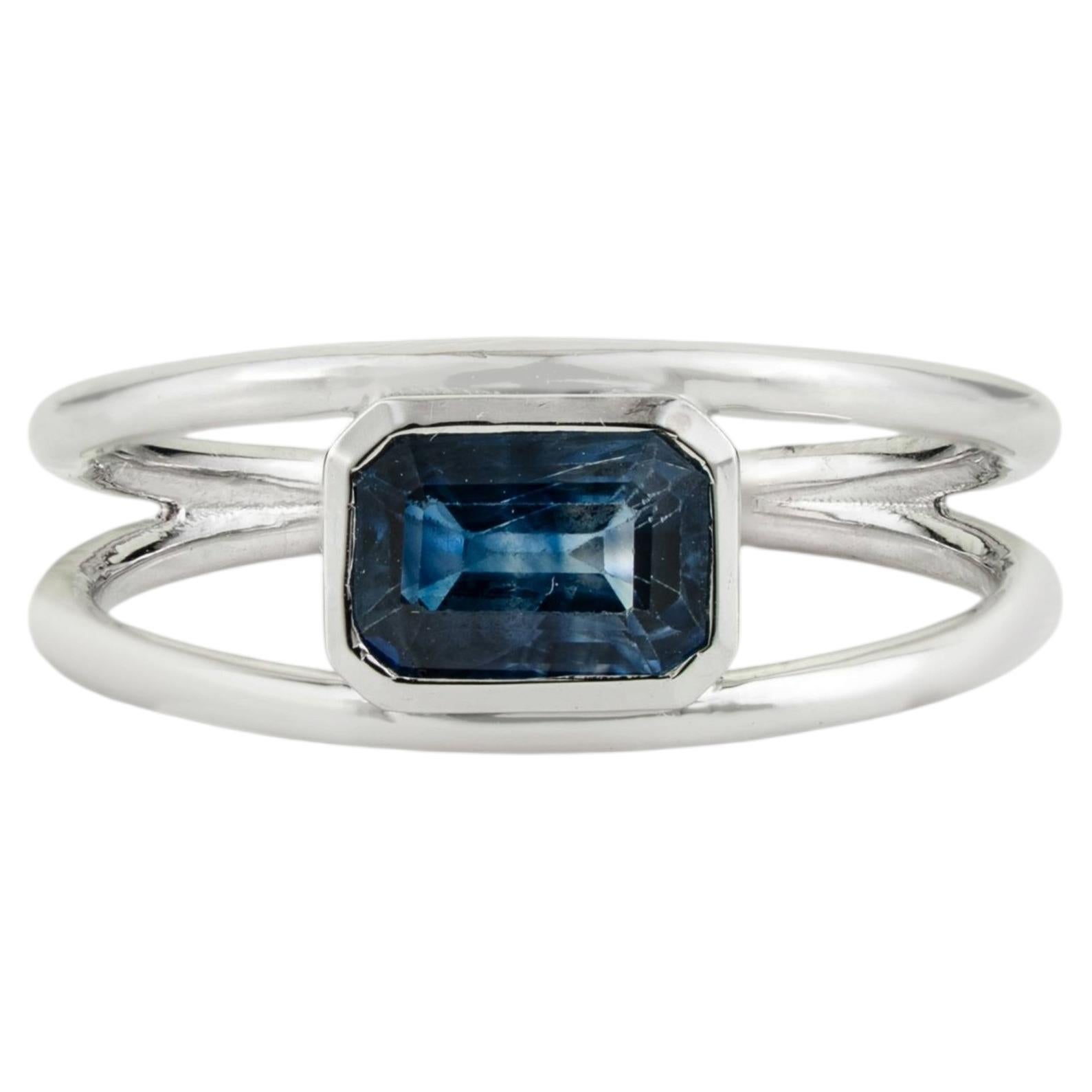 Modernist 1.12 Carat Blue Sapphire Bezel Set Double Band Ring in 14K White Gold