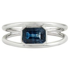 Modernist 1.12 Carat Blue Sapphire Bezel Set Double Band Ring in 14K White Gold