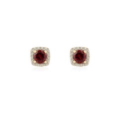 Pendientes modernistas de oro amarillo de 14 quilates con halo de diamantes y granate de 1,2 quilates Regalo para mamá