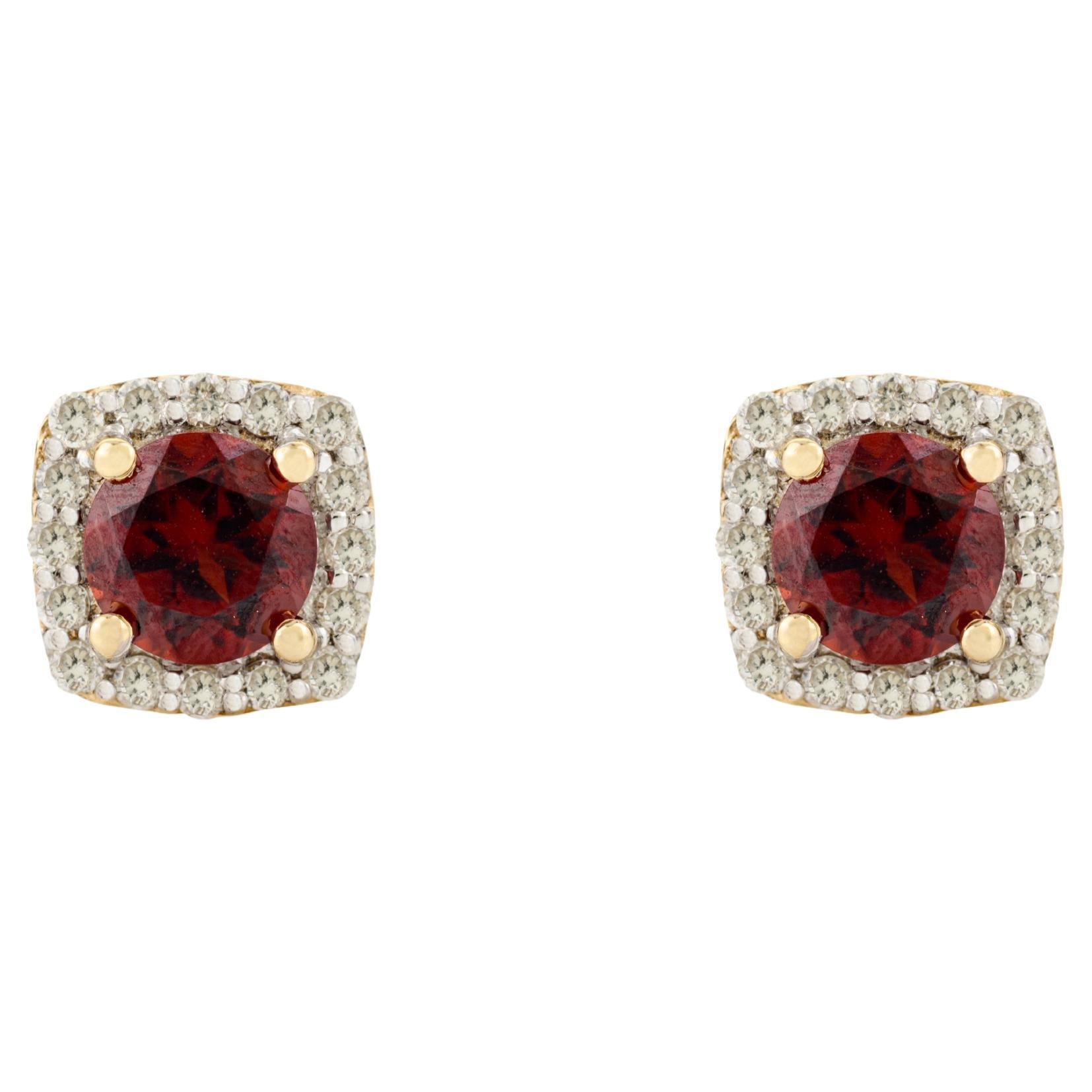Modernist 1.2 CTW Garnet Halo Diamond Stud in 14k Yellow Gold Earrings Mom Gift