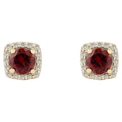Pendientes modernistas de oro amarillo de 14 quilates con halo de diamantes y granate de 1,2 quilates Regalo para mamá