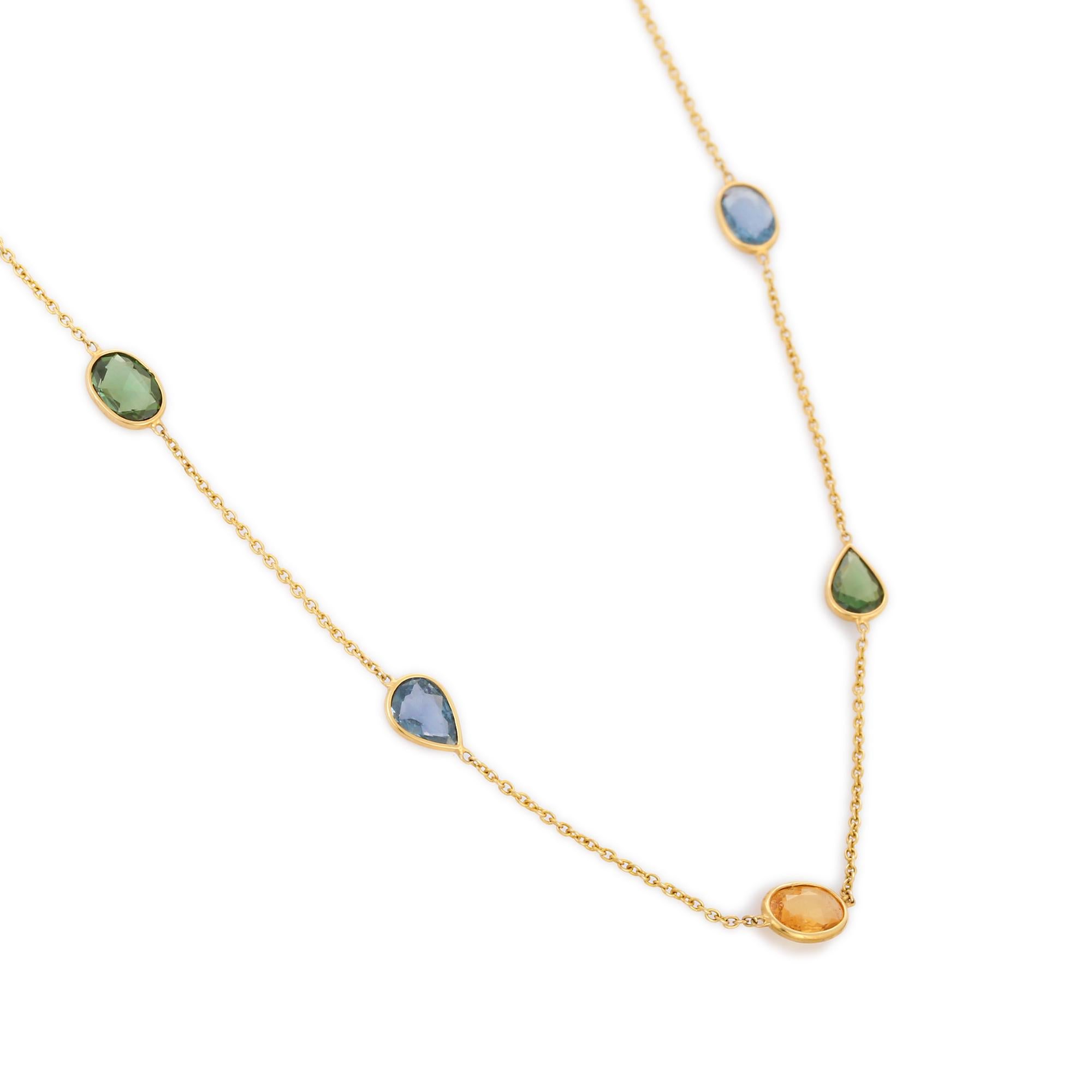 Mixed Cut Modernist 12.16 Ct Multi Sapphire Chain Necklace in 18K Yellow Gold For Sale
