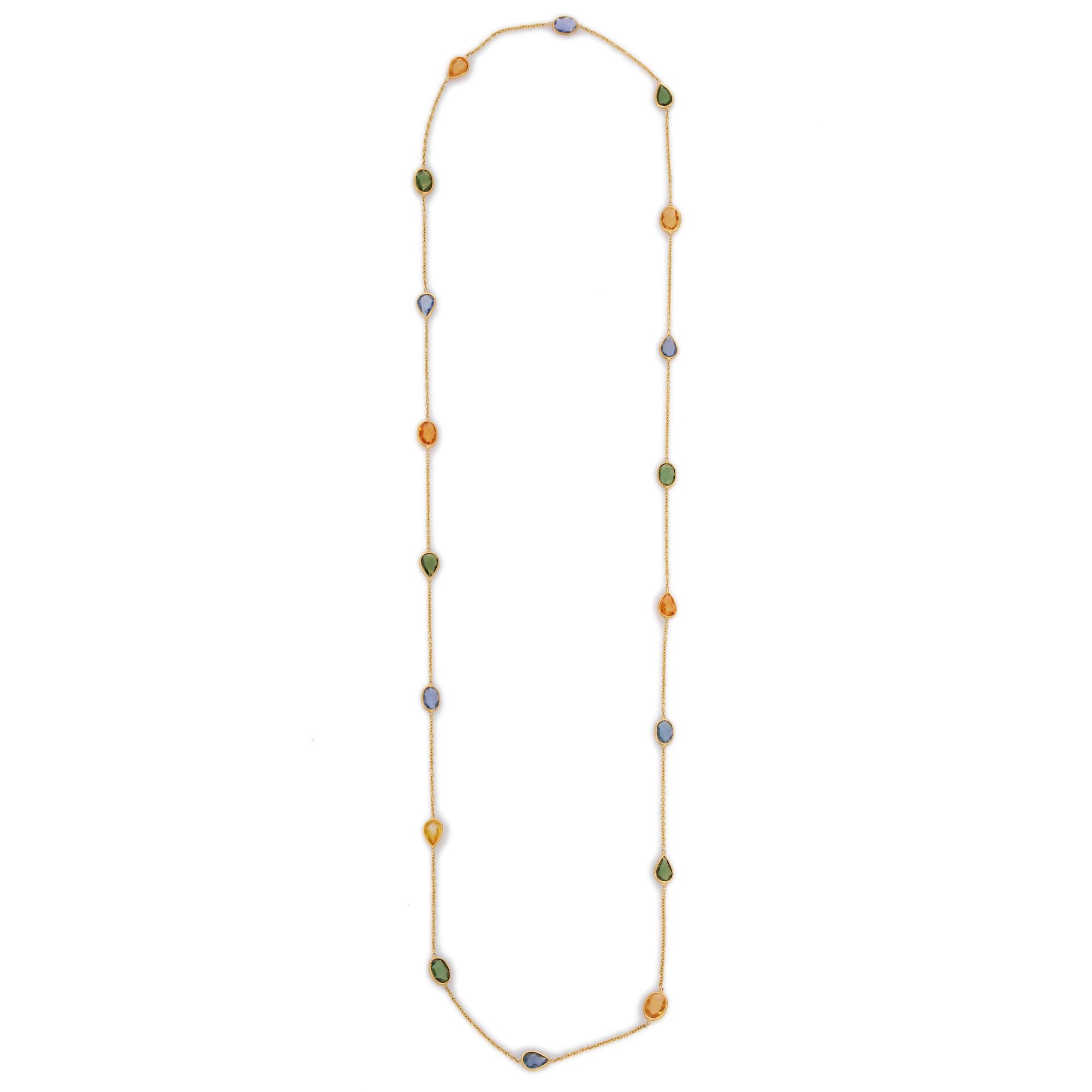 Modernist 12.16 Ct Multi Sapphire Chain Necklace in 18K Yellow Gold In New Condition For Sale In Houston, TX