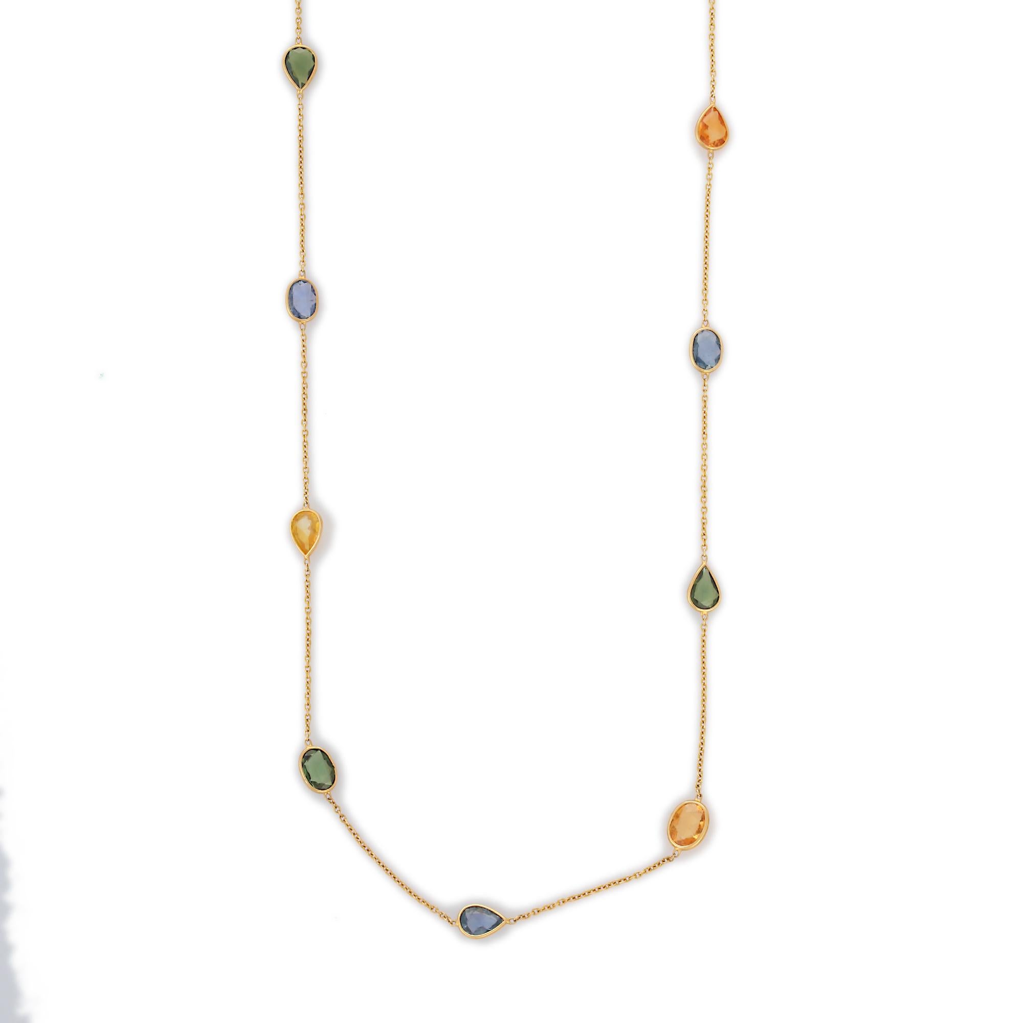 Women's Modernist 12.16 Ct Multi Sapphire Chain Necklace in 18K Yellow Gold For Sale