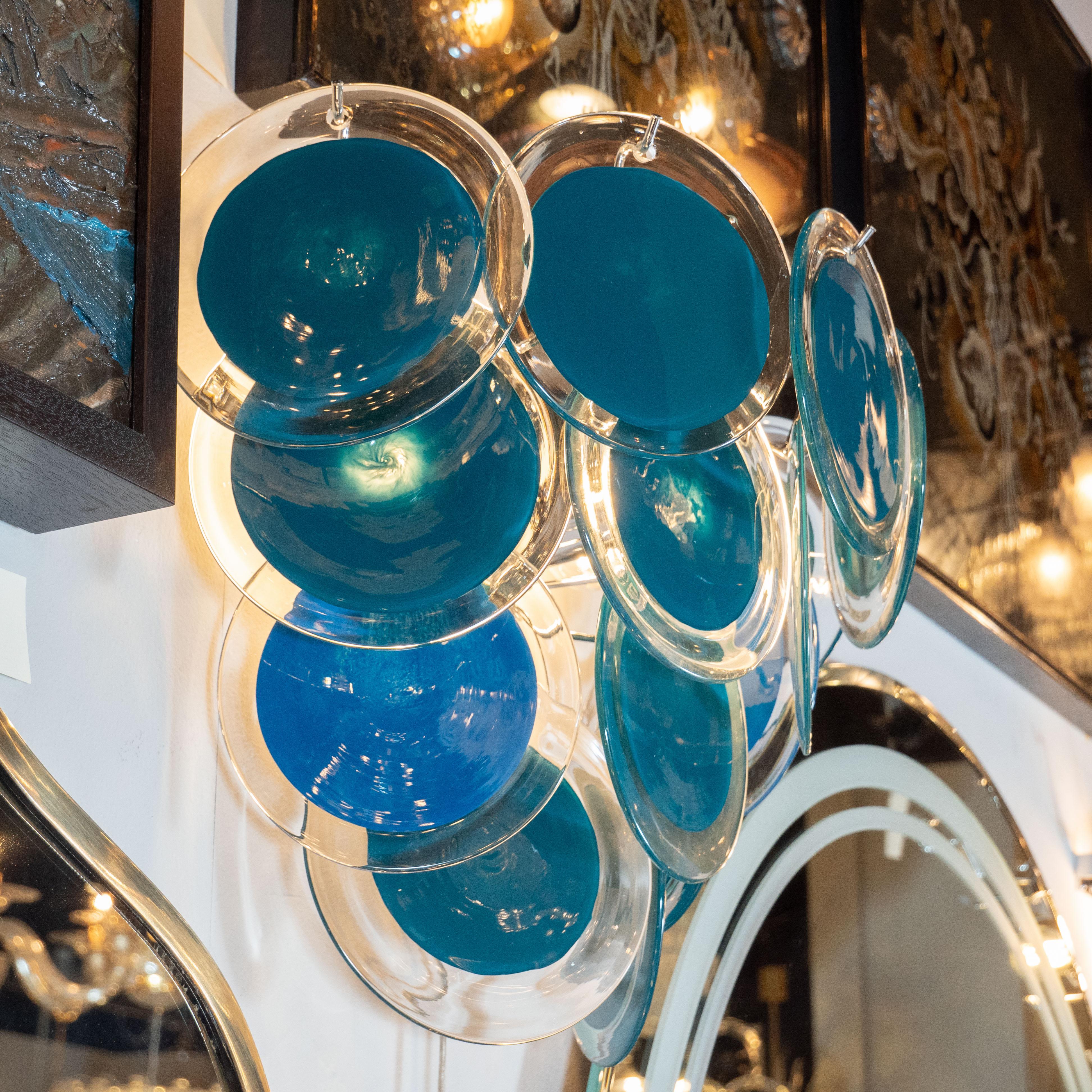 Italian Modernist 14-Disc Sconces in Handblown Murano Turquoise & Translucent Glass