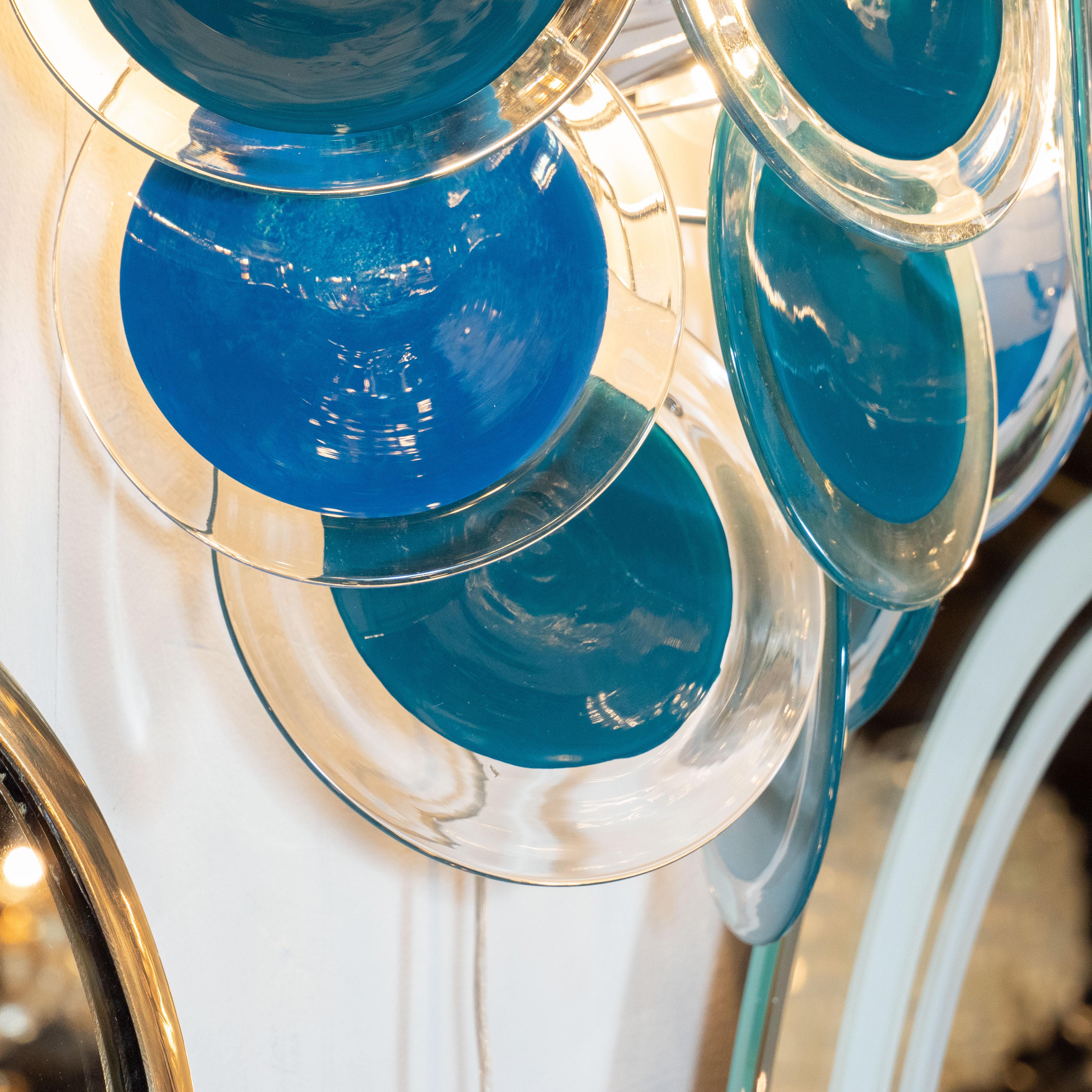 Modernist 14-Disc Sconces in Handblown Murano Turquoise & Translucent Glass In Excellent Condition In New York, NY