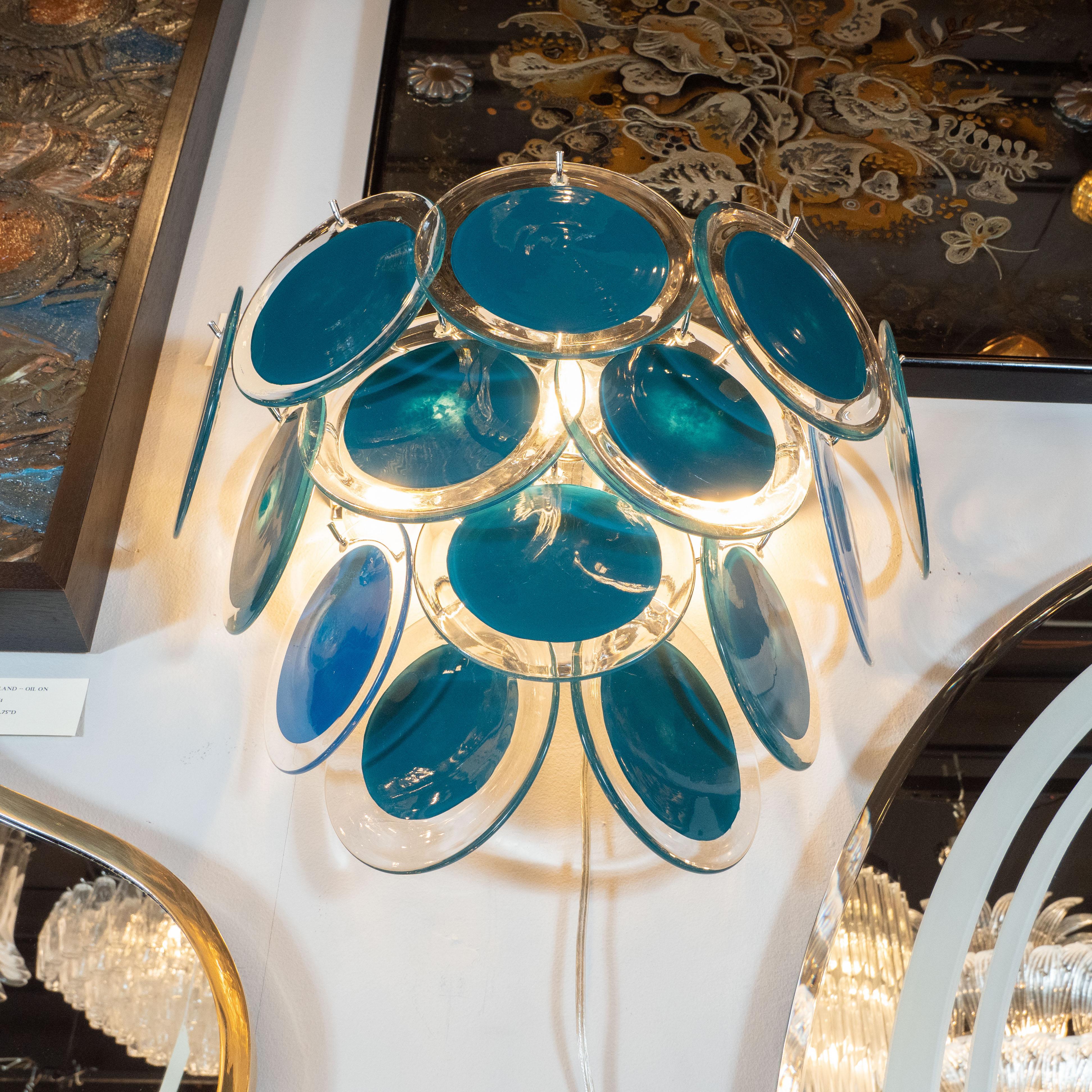 Contemporary Modernist 14-Disc Sconces in Handblown Murano Turquoise & Translucent Glass