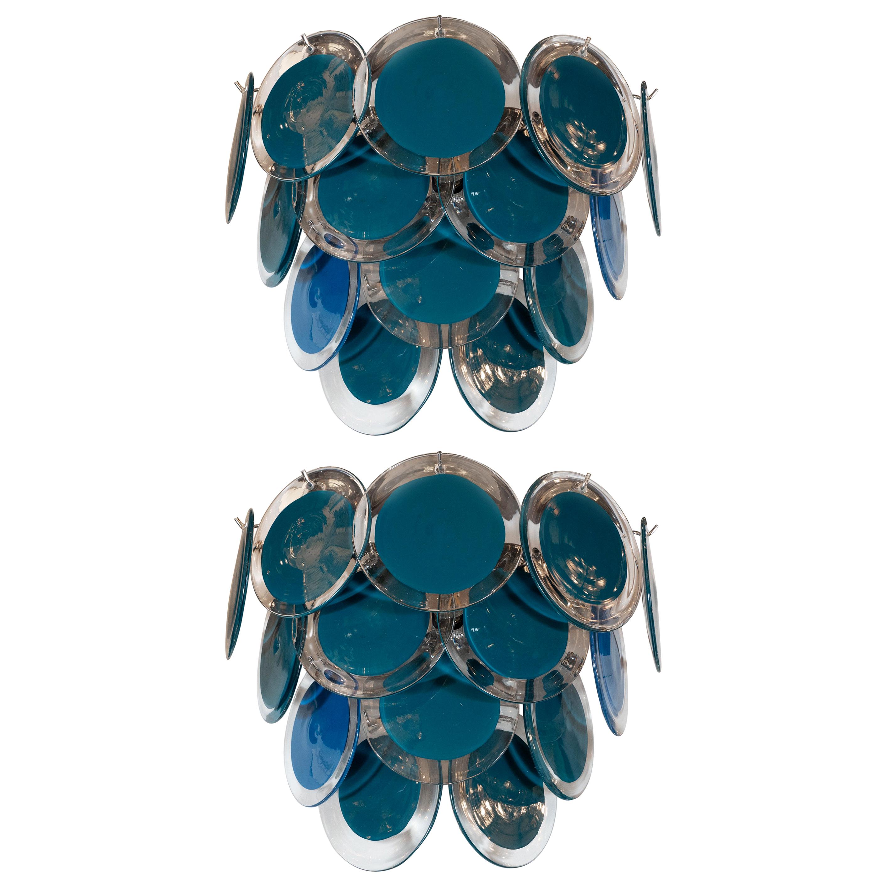 Modernist 14-Disc Sconces in Handblown Murano Turquoise 
Translucent Glass