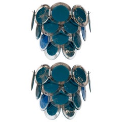 Modernist 14-Disc Sconces in Handblown Murano Turquoise & Translucent Glass