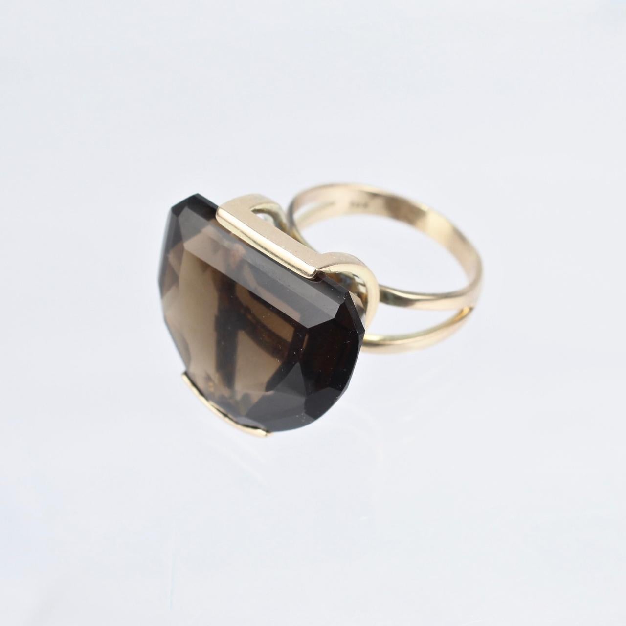 Modernist 14 Karat Gold and Half Moon Cut Smoky Topaz Cocktail Ring For Sale 2