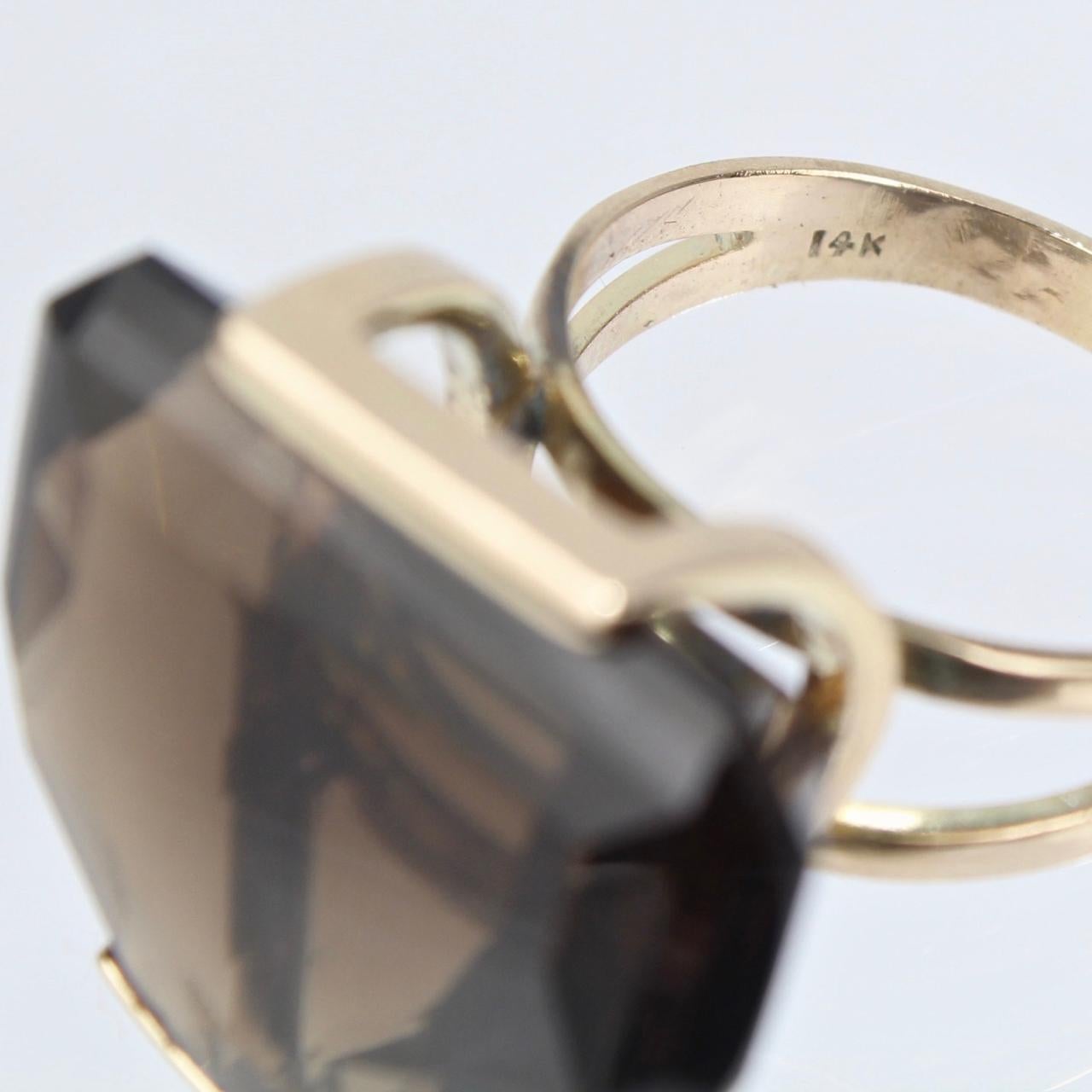 Modernist 14 Karat Gold and Half Moon Cut Smoky Topaz Cocktail Ring For Sale 3