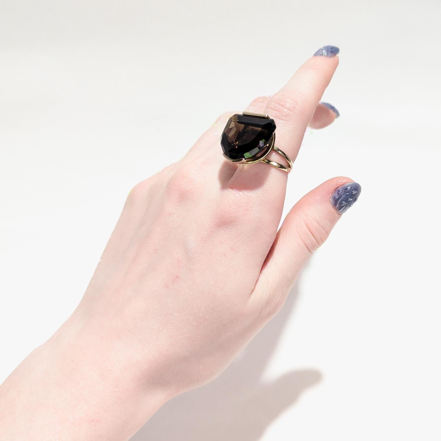 Modernist 14 Karat Gold and Half Moon Cut Smoky Topaz Cocktail Ring For Sale 7
