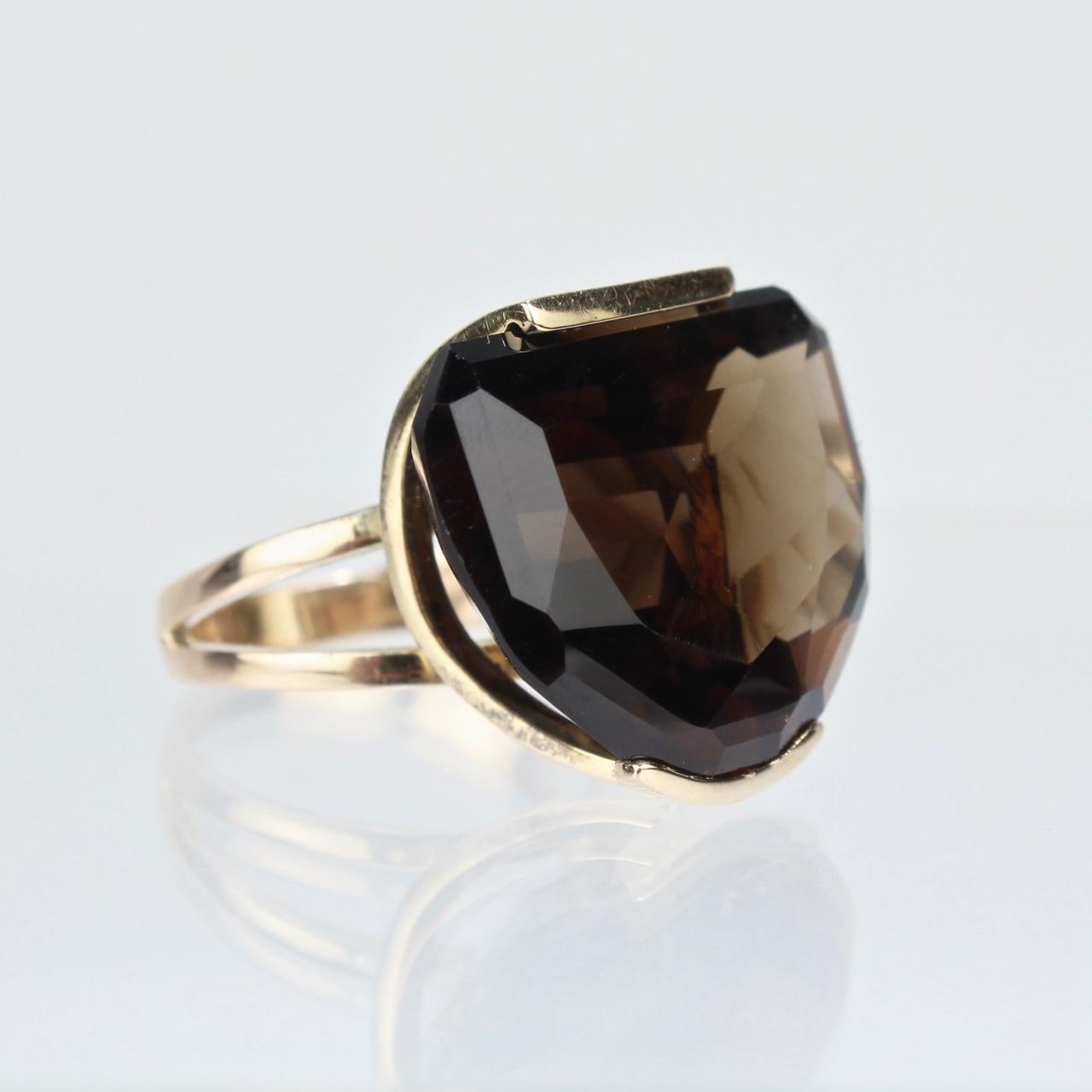 Mixed Cut Modernist 14 Karat Gold and Half Moon Cut Smoky Topaz Cocktail Ring For Sale