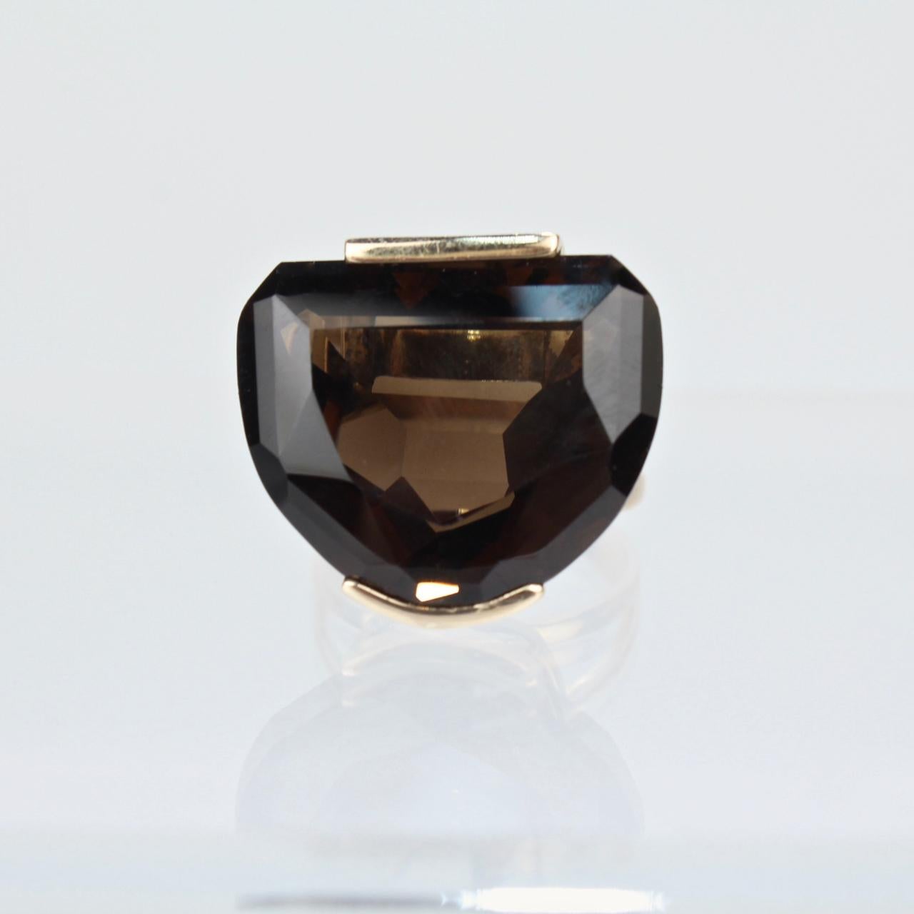 Modernist 14 Karat Gold and Half Moon Cut Smoky Topaz Cocktail Ring In Good Condition For Sale In Philadelphia, PA
