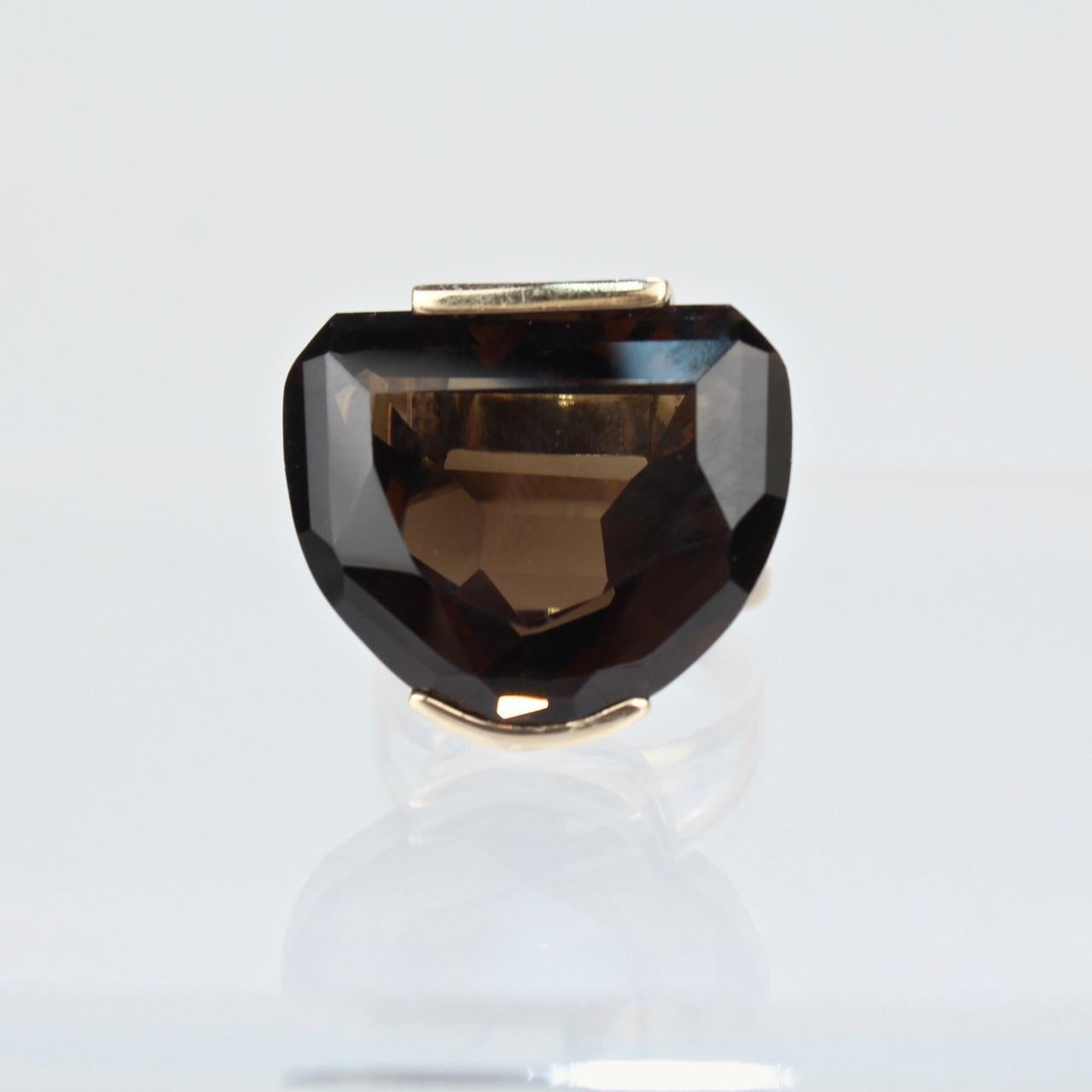 Modernist 14 Karat Gold and Half Moon Cut Smoky Topaz Cocktail Ring For Sale 1