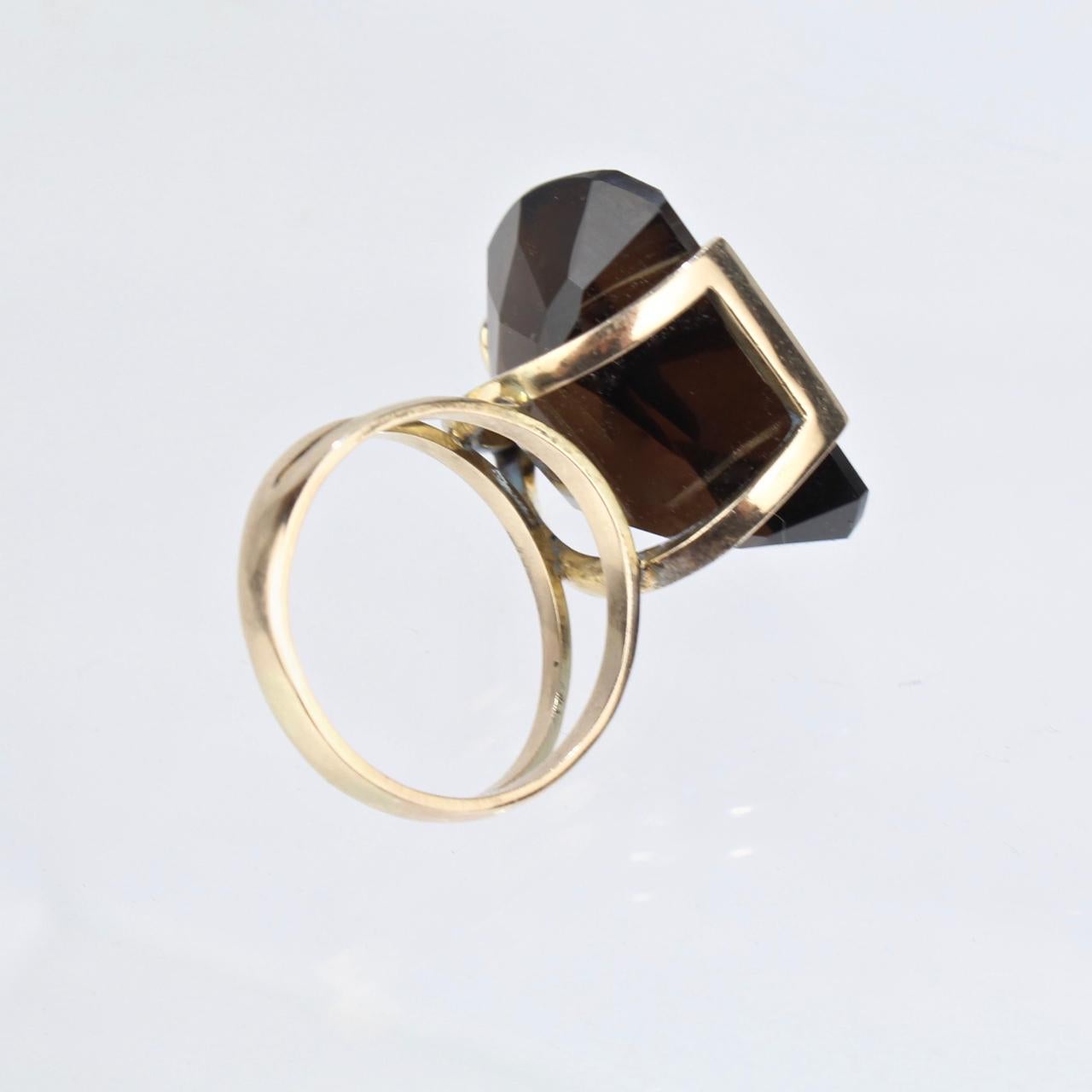 Modernist 14 Karat Gold and Half Moon Cut Smoky Topaz Cocktail Ring For Sale 1