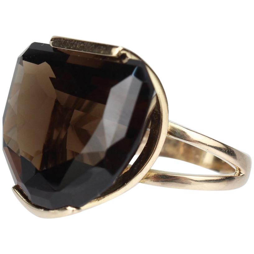Modernist 14 Karat Gold and Half Moon Cut Smoky Topaz Cocktail Ring For Sale