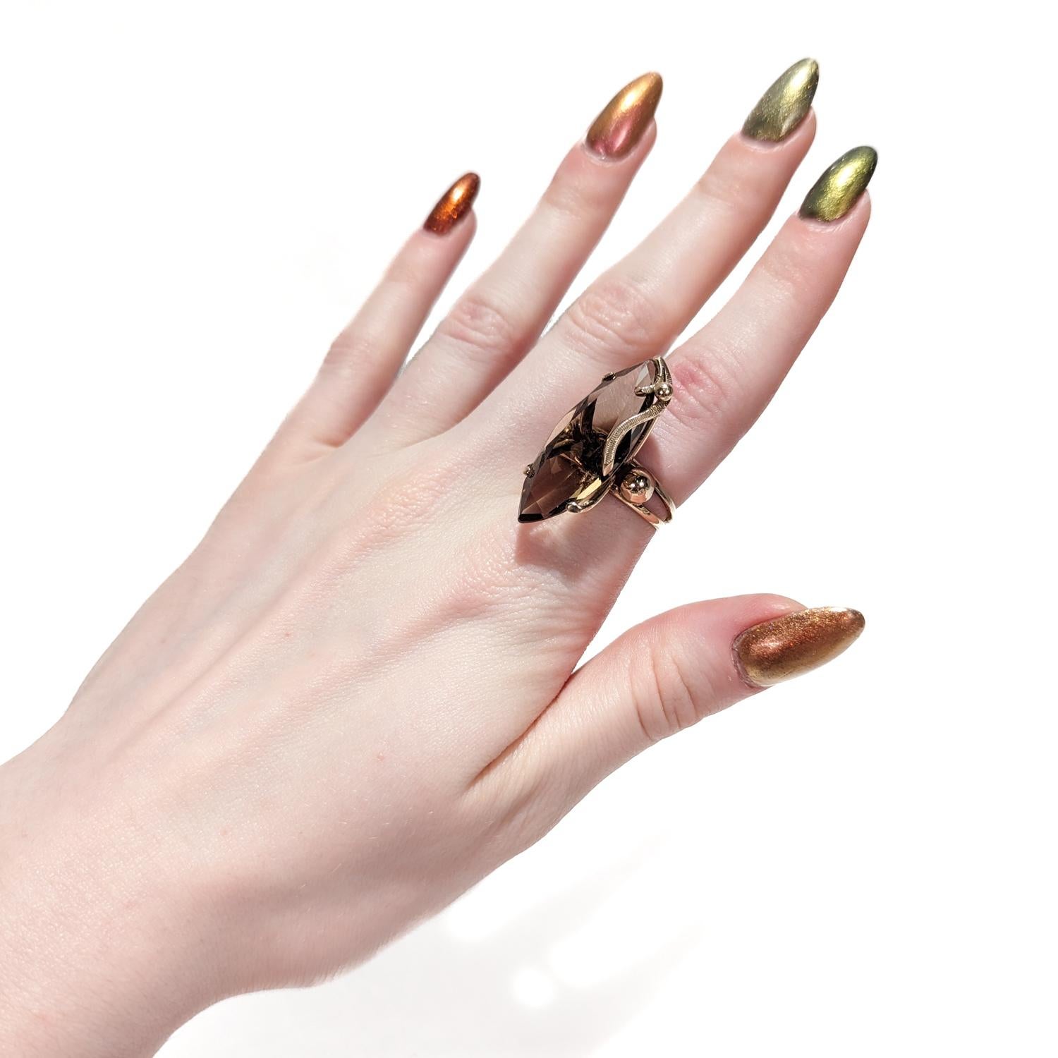 Marquise Cut Modernist 14 Karat Gold and Smoky Quartz Cocktail Ring For Sale