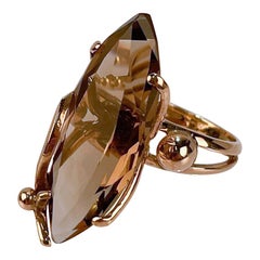 Modernist 14 Karat Gold and Smoky Quartz Cocktail Ring