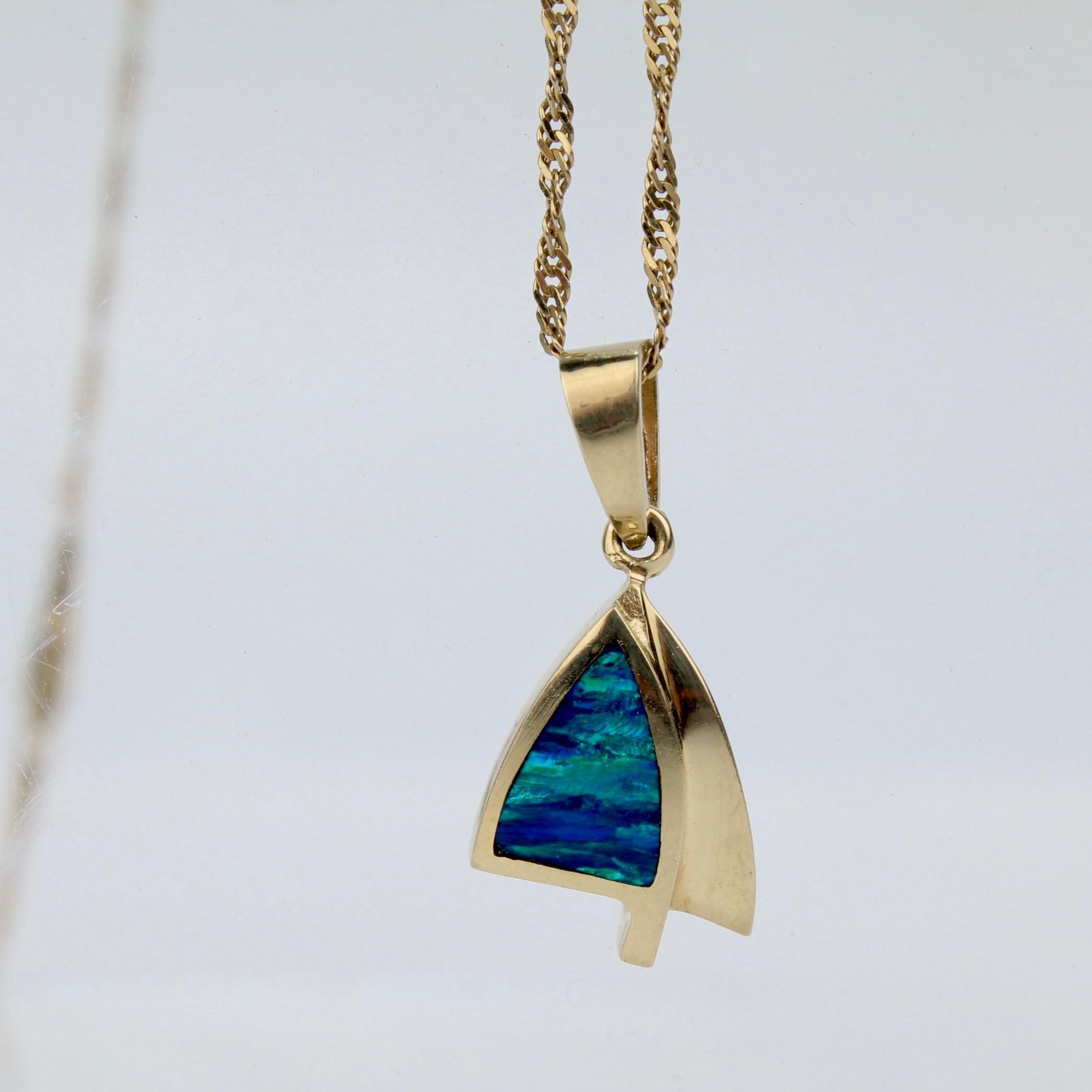 Modernist 14 Karat Gold and Opal Pendant Necklace In Good Condition In Philadelphia, PA