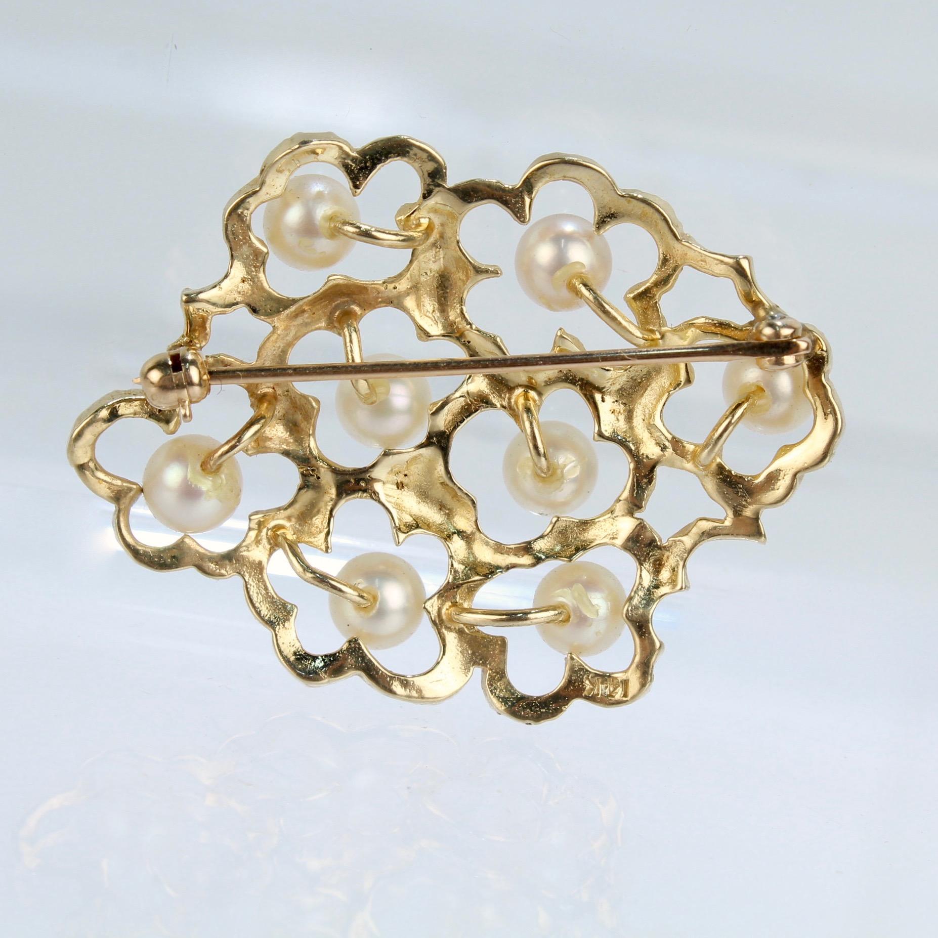 Women's or Men's Modernist 14 Karat Gold and White Round Pearl Floral Brooch or Pin For Sale